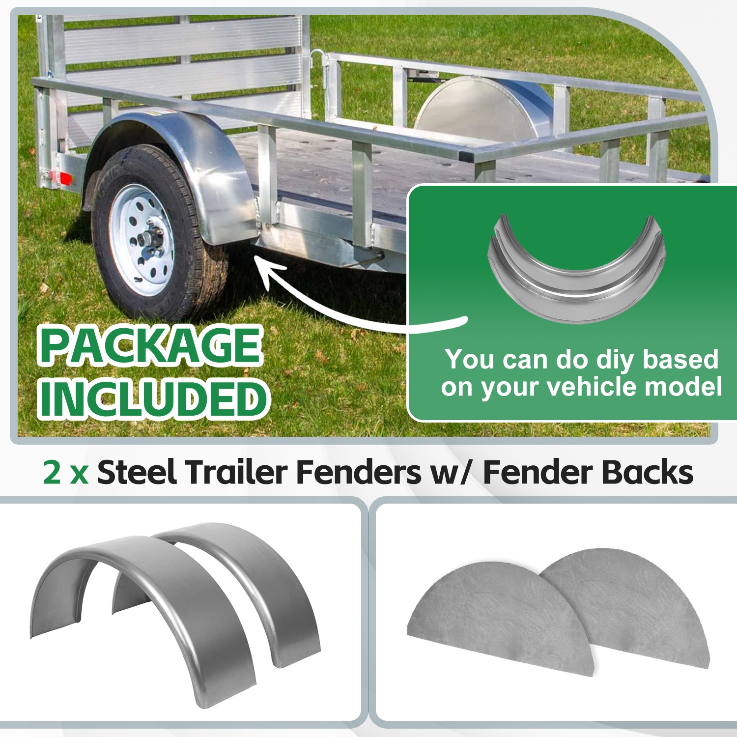 For 14″ 15″ 16″ Wheel Steel Round Single Axle 2 Trailer Fenders with Back Plate