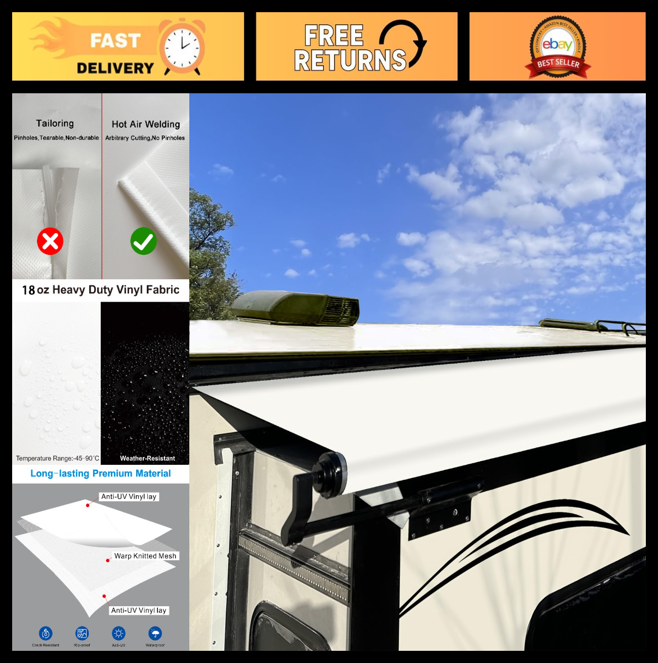 Universal RV Slide Out Awning Fabric Replacement for 5th Wheel & Travel Trailers