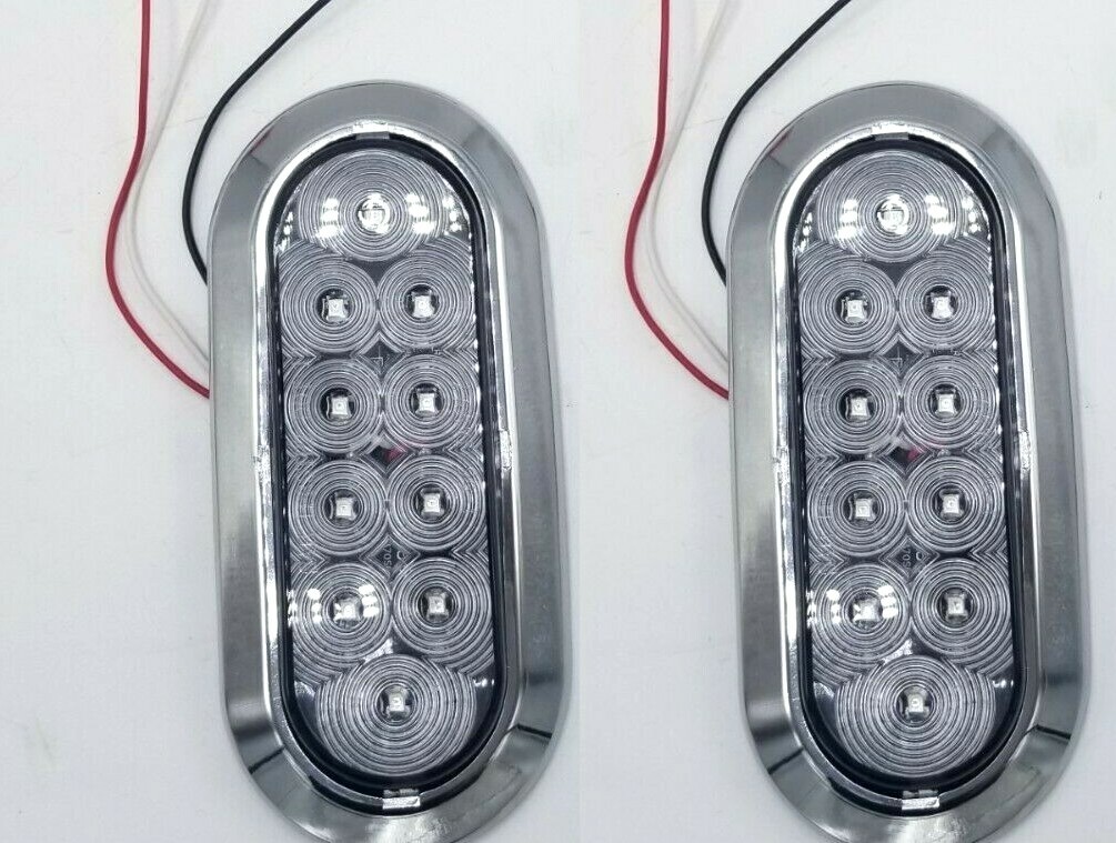 TWO – 6″ Oval Red/Clear Flange Surface Mount Stop Turn Tail 10LED Chrome Bezel