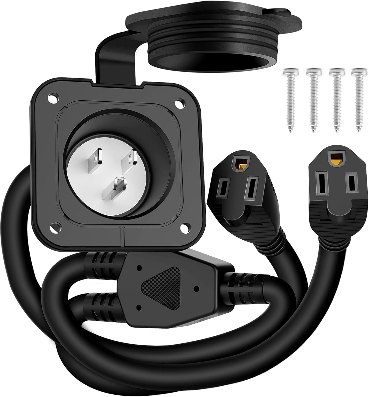 15A 125V AC Power Inlet Plug NEMA 5-15 Flanged w/ Dual Integrated Cord for RV
