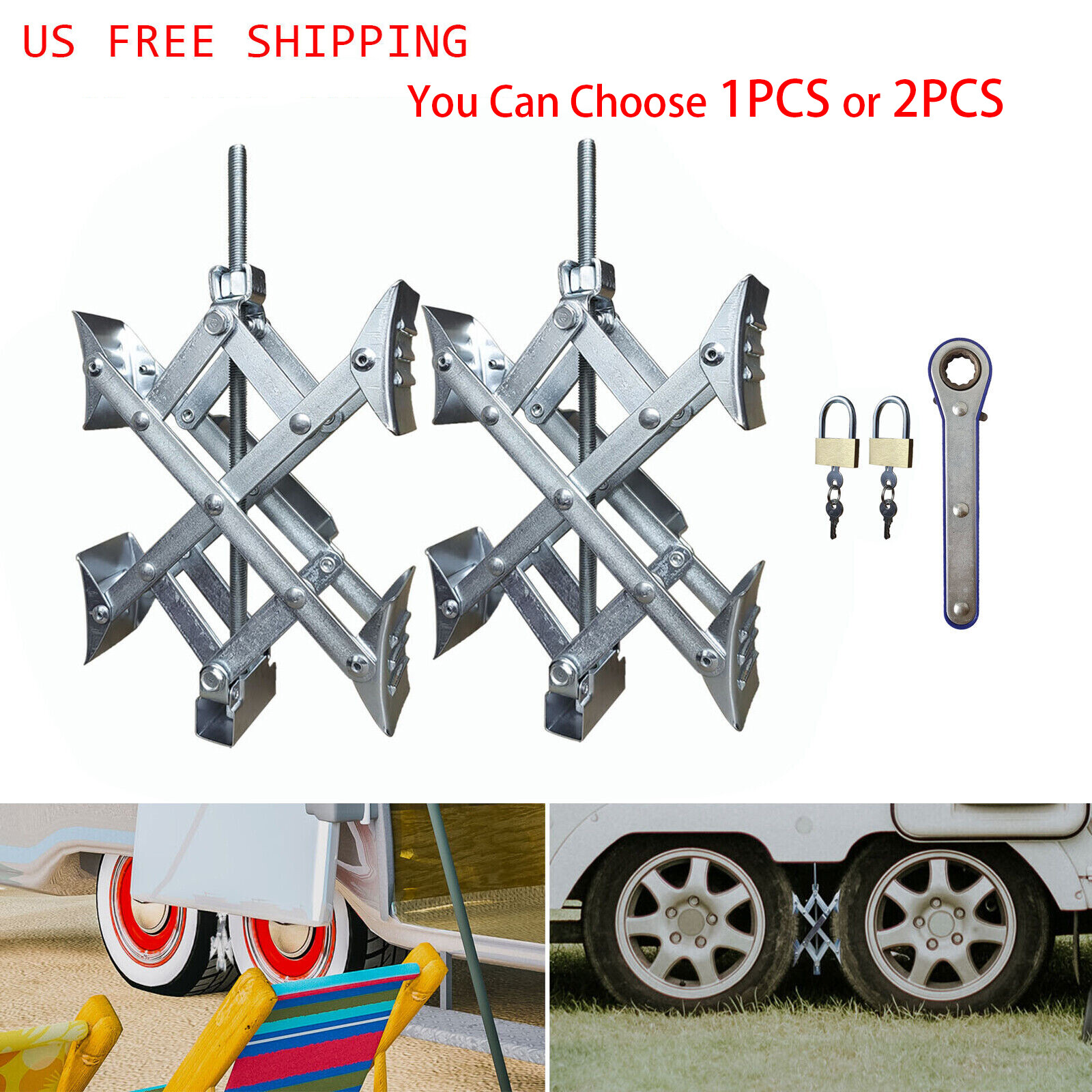 1 / 2PCS Trailer Camper RV X-Chock Wheel Stabilizer w/Ratchet Wrench and Lock