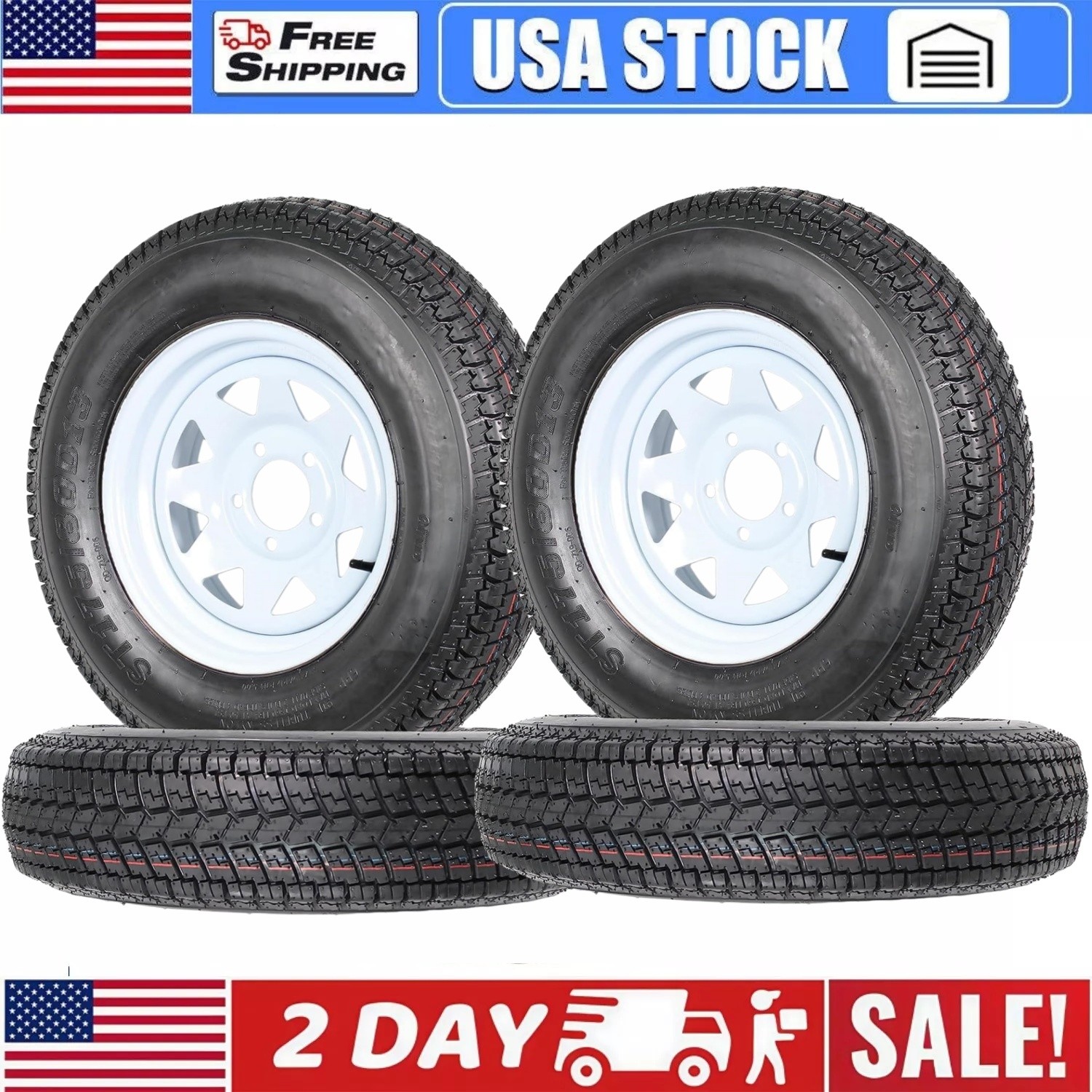 4pack Trailer Tires and Wheels 13″ Rims ST175/80D13 175 80 13 Tire 5 Lug 6 PR