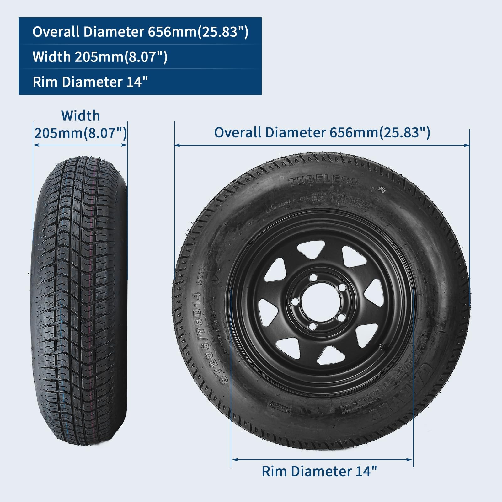 ST205/75D14 Trailer Tires 2 Pack on 14×6 Rim, 5 Lug 4.5″ Black Wheels