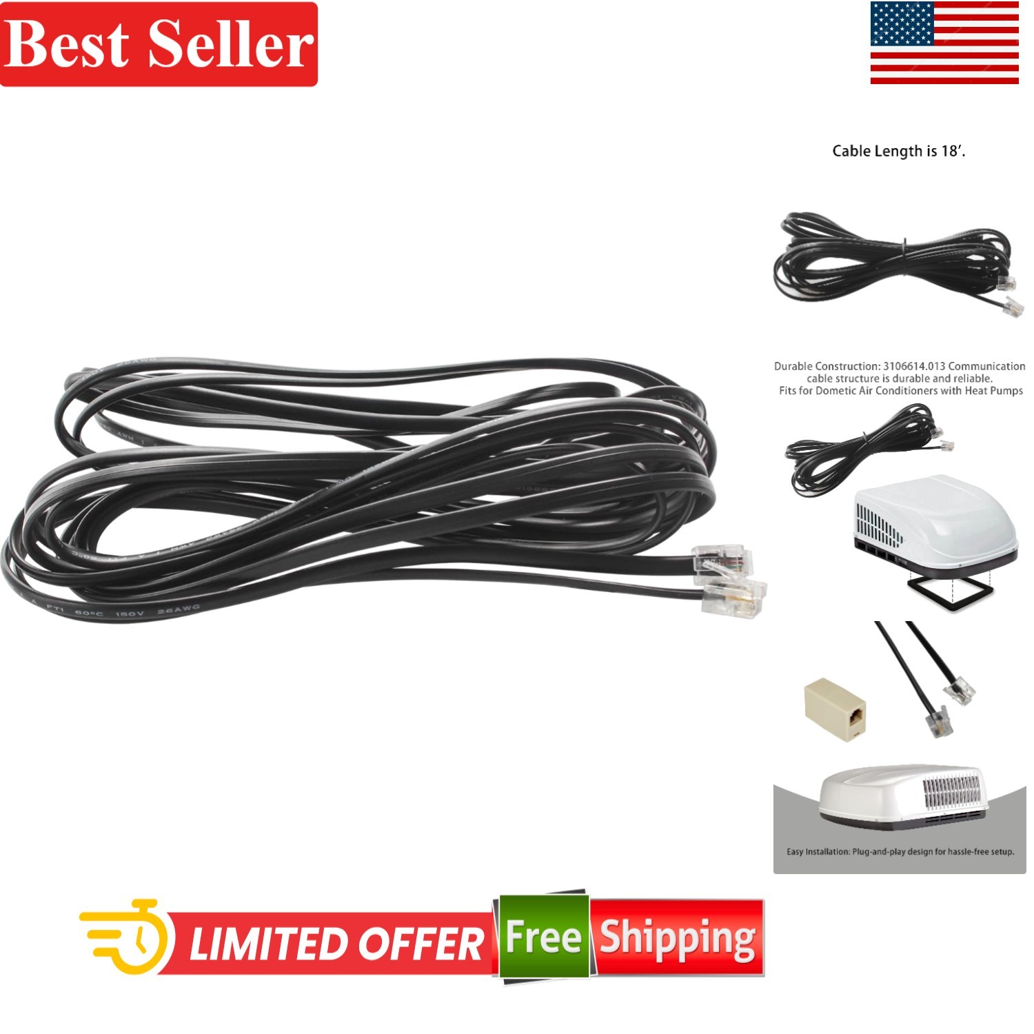 Reliable 18ft Communication Cable for Dometic RV Thermostats and AC Boards