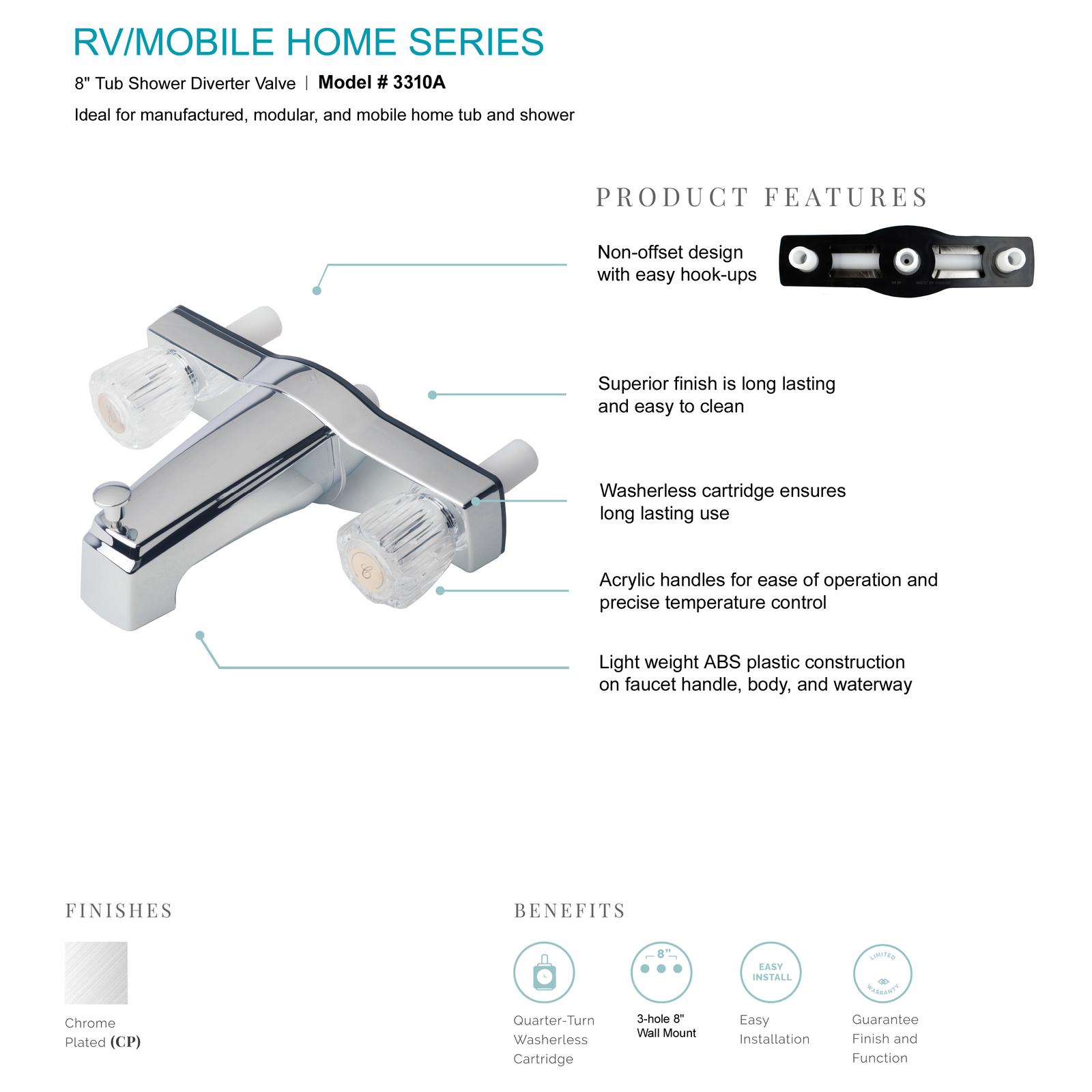 Mobile Home Two Handle 8″ Tub Shower Faucet Diverter Chrome Finish