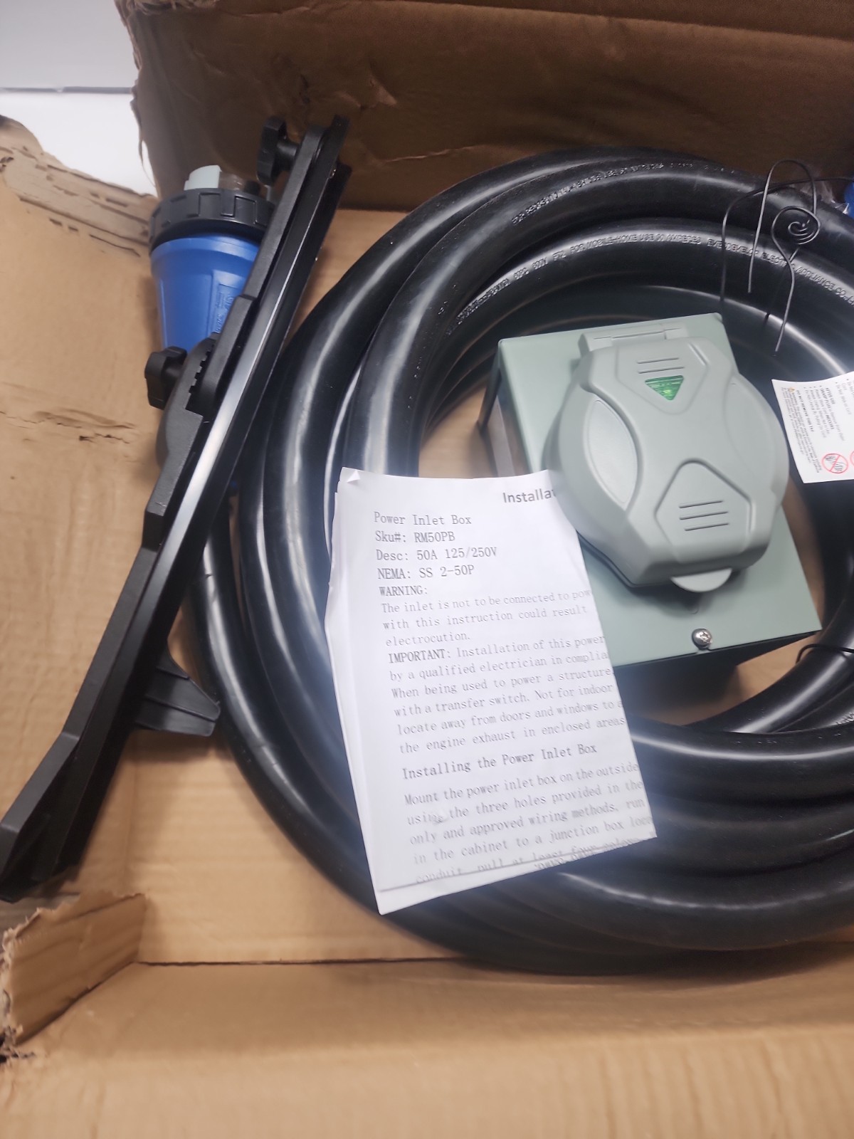 50 Amp Generator Cord 30FT and Pre-Drilled Power Inlet Box Waterproof Combo Kit
