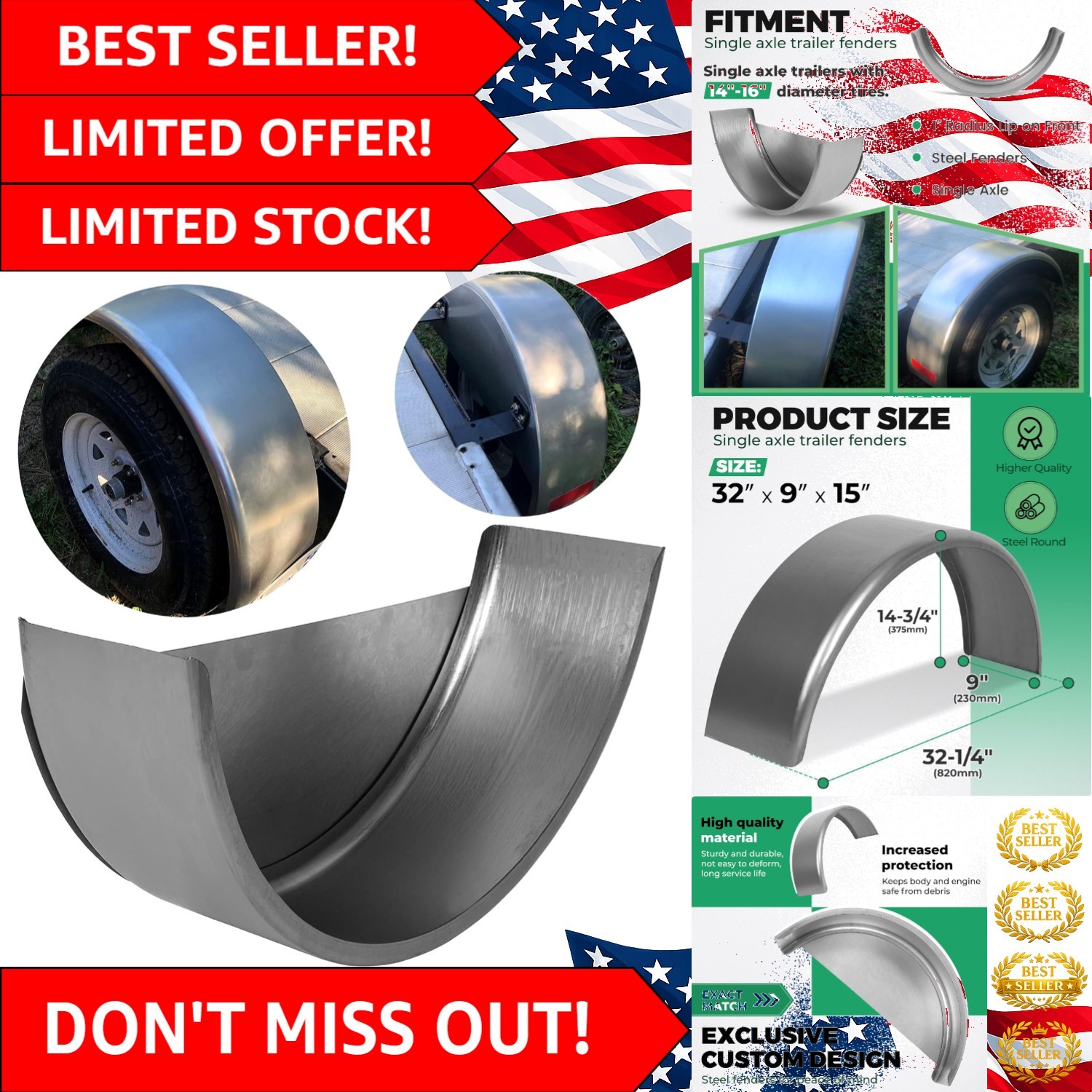 Durable Steel Round Single Axle Trailer Fender for 14″-16″ Wheels – 32″x9″x15″