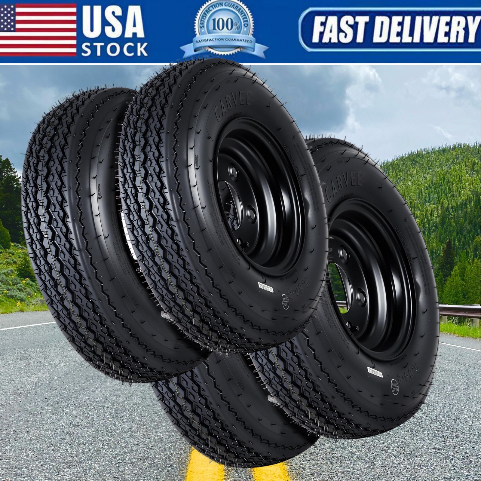 4 Pack 4.80-8 480×8 480-8 Trailer Tires w/8″ Black Rims 4 Lug on 4″ Utility Boat