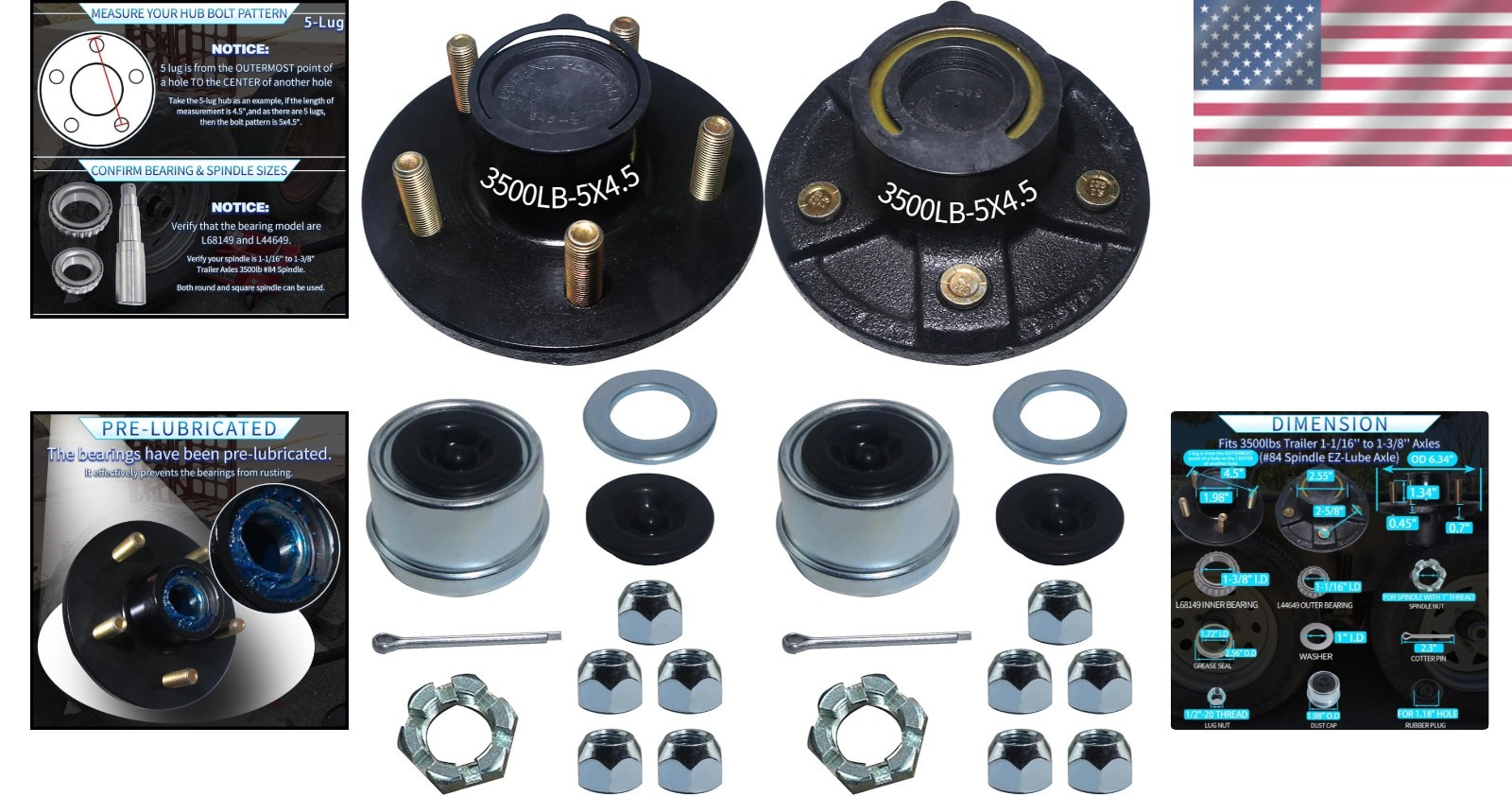 5 Lug 4.5” Idler Hub Kit for 3500lb Spindle – Sturdy Carbon Steel Construction