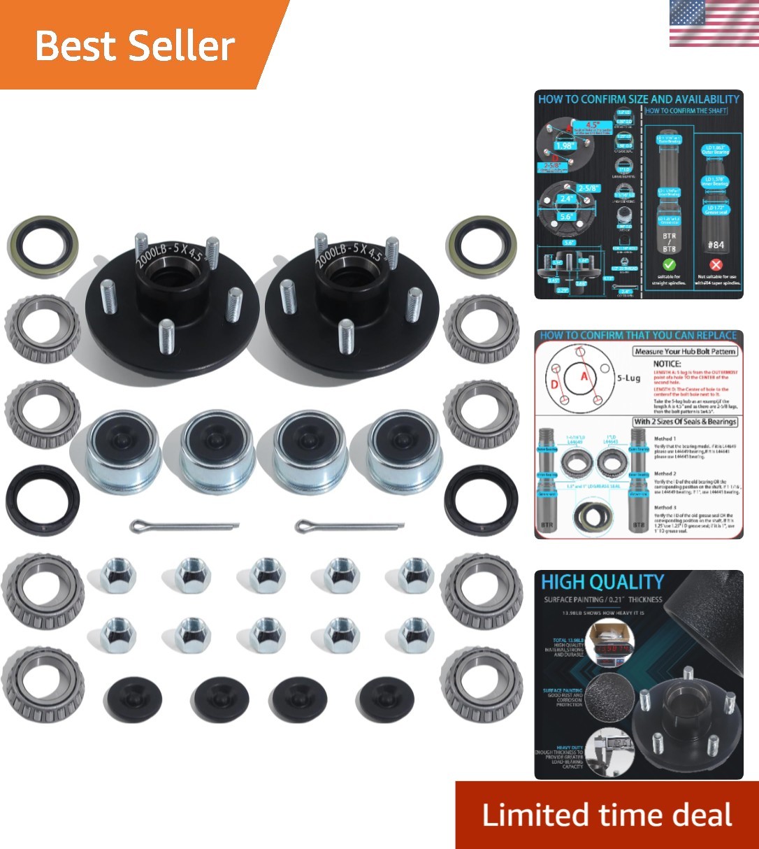 2000 lb Trailer Hub Kit 5 Bolt 4.5 – Extra Accessories Included for Convenience