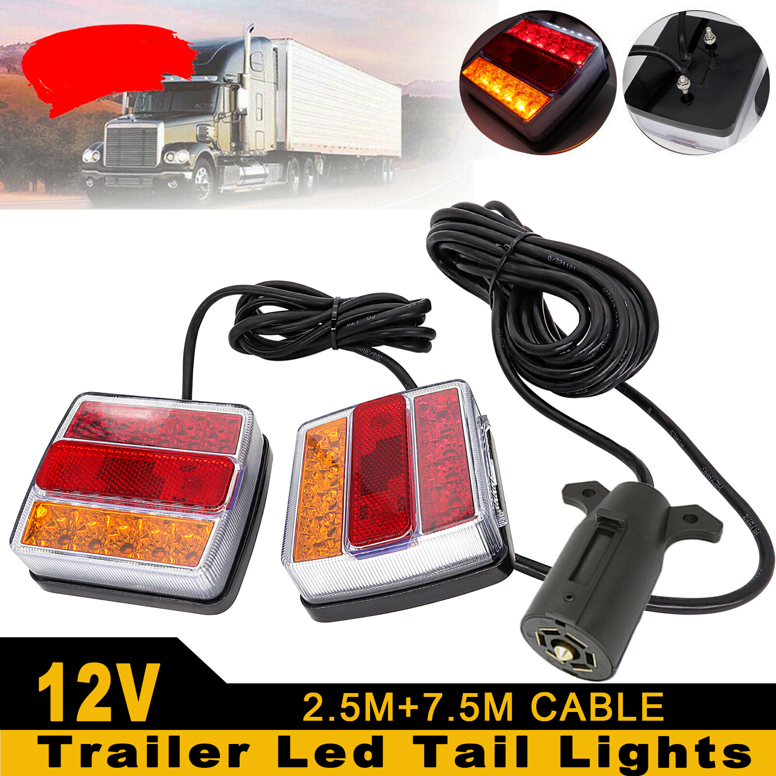 1 Set Trailer Tail Light 12V 16 Led 10m Line 7 Pin Plug Kit Stop Indicator Lamp.