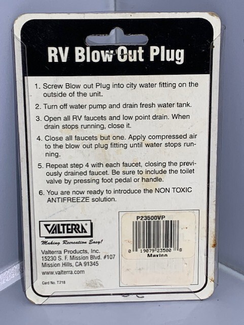 Valterra P23500VP White RV Blow-Out Plug For Winterizing – New in Package