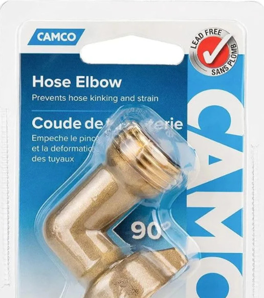 Camco 22505 90° Brass RV Water Hose Elbow 3/4 In NH Lead-Free Adapter