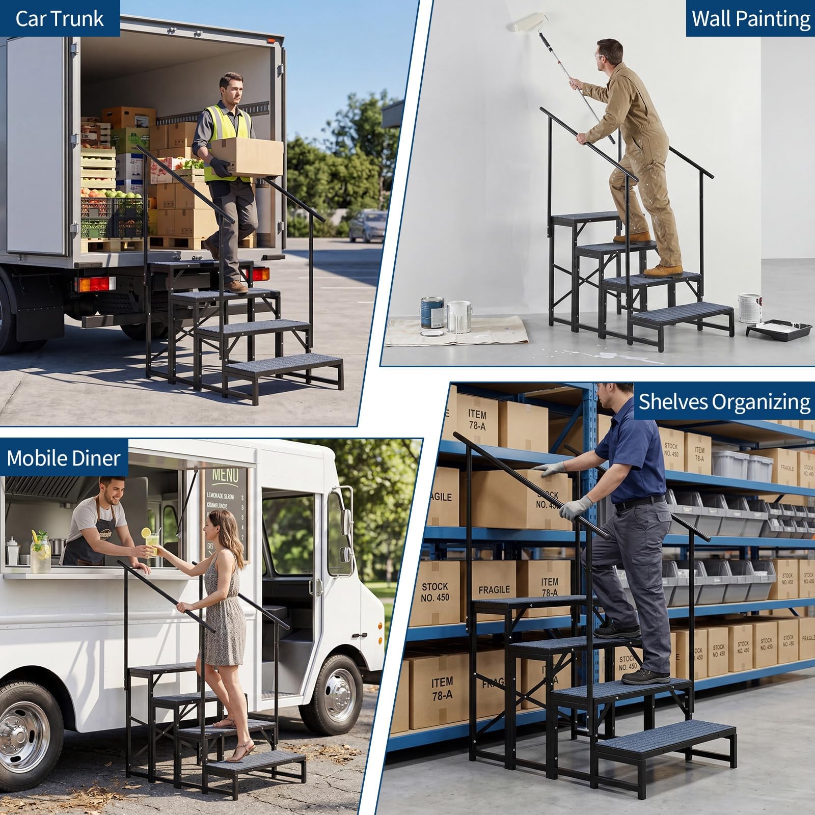 RV 4 Steps With Handrail Mobile Home Ladder Portable Stairs for RV,Hot Tub,Porch