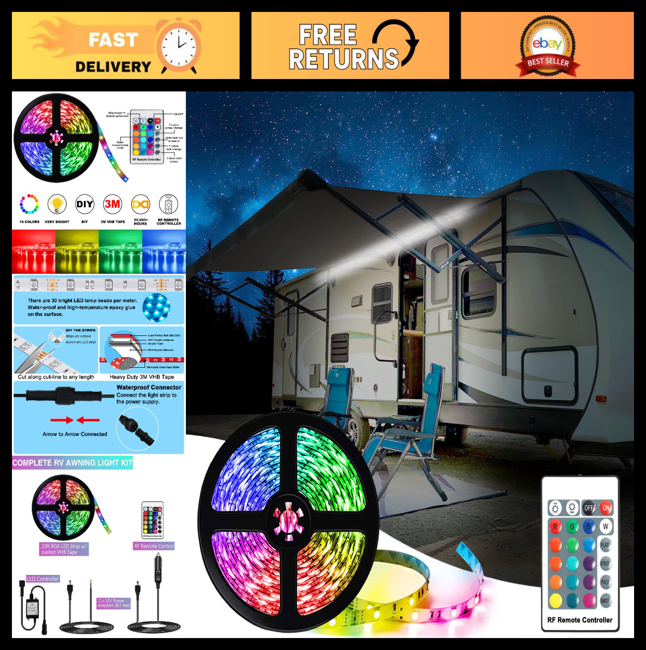 12V 20FT RV Awning LED Light Strip – Waterproof Canopy Lights for Camper, Traile