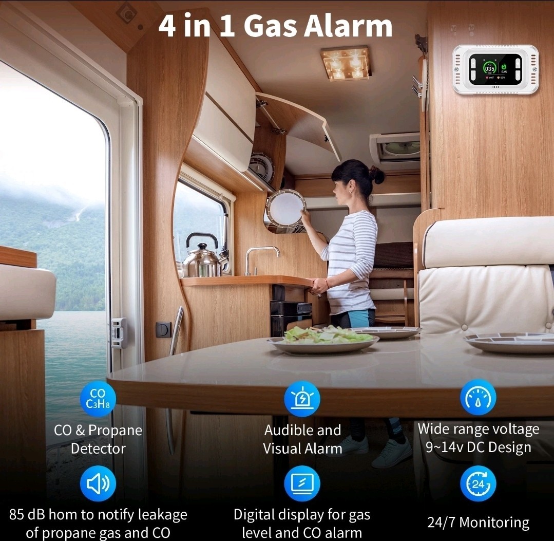 12 Volt RV Carbon Monoxide And Propane Gas Detector 4-in-1 Black