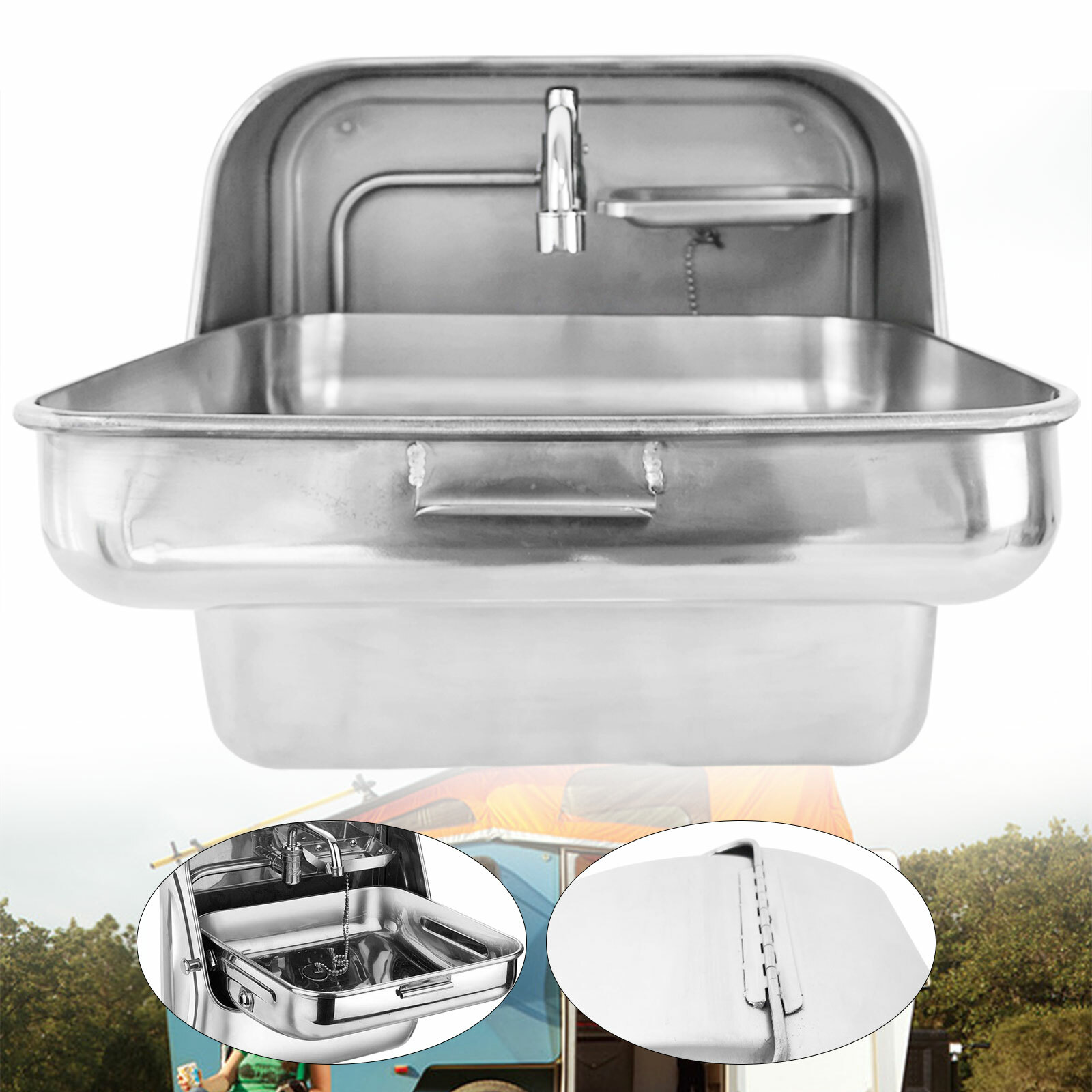 Folding Sink RV Caravan Boat Hand Wash Basin Basin w/ Faucet Stainless Steel NEW