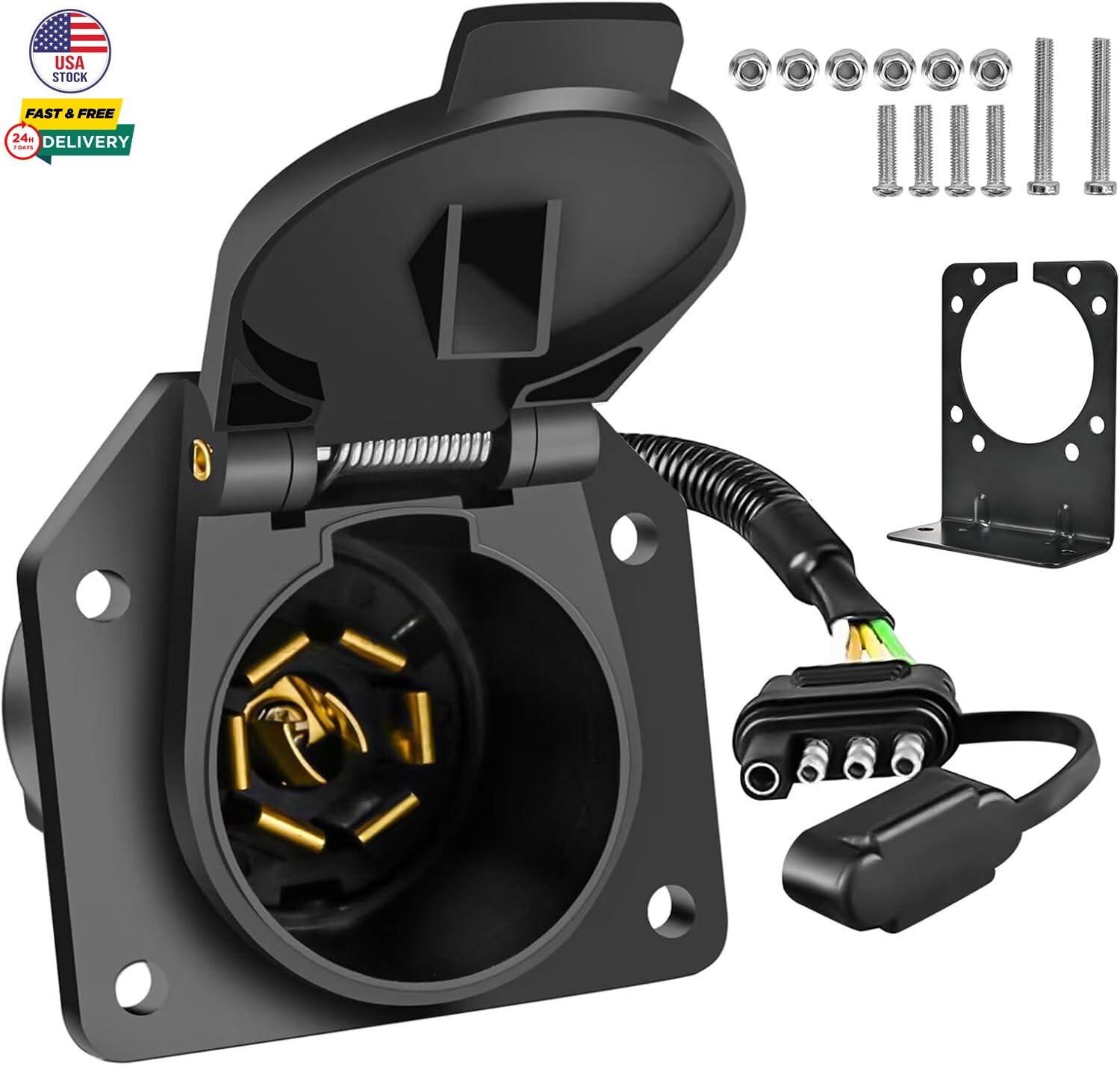4 Pin to 7 Pin Trailer Adapter Light Plug Adapter 7 Way Round – 4 Way Flat 18AWG