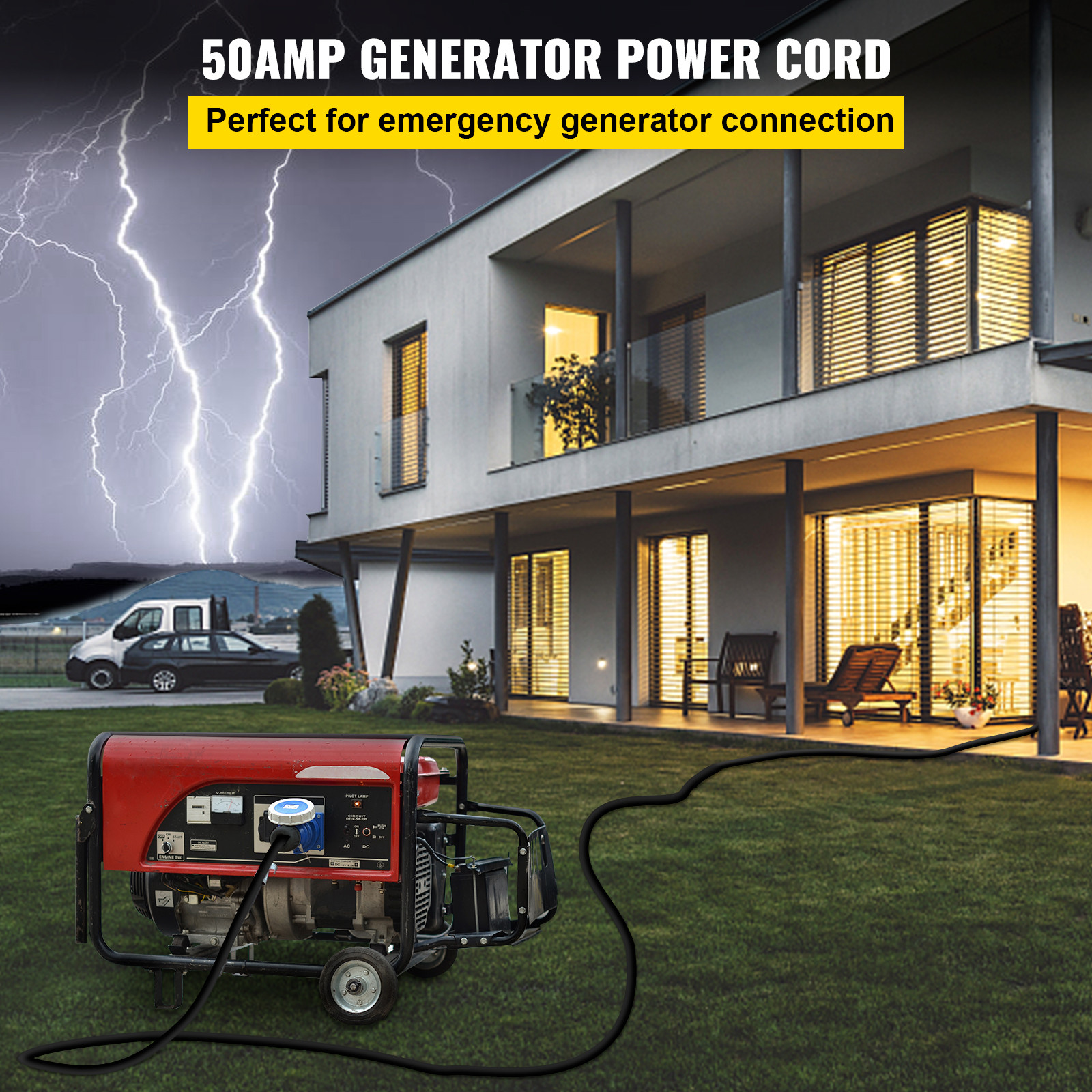 VEVOR 50A 25ft RV Extension Cord NEMA14-50P to NEMA14-50R Rain Proof Power Cable