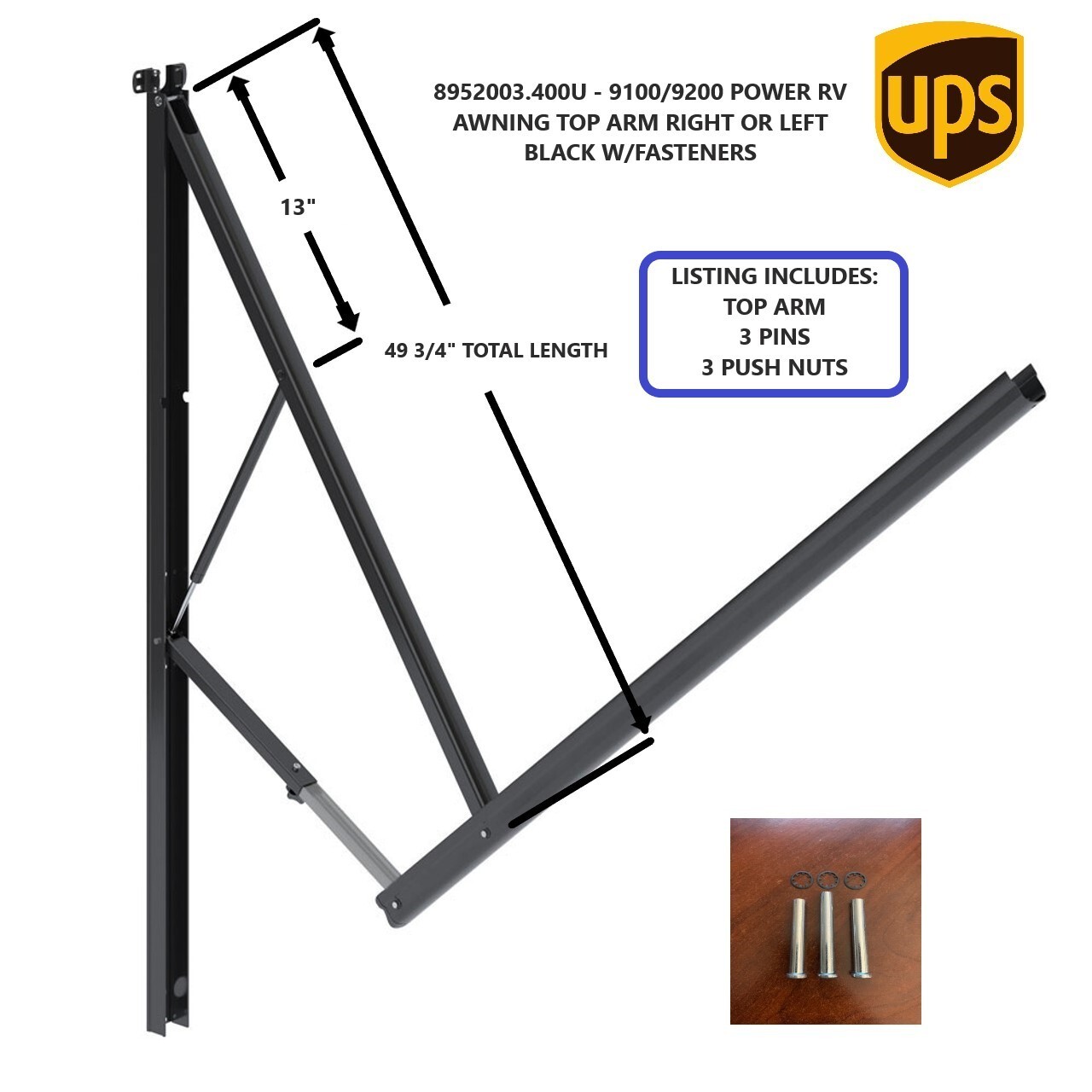 8952003.400U – 9100/9200 POWER RV AWNING TOP ARM RIGHT OR LEFT BLACK W/FASTENERS