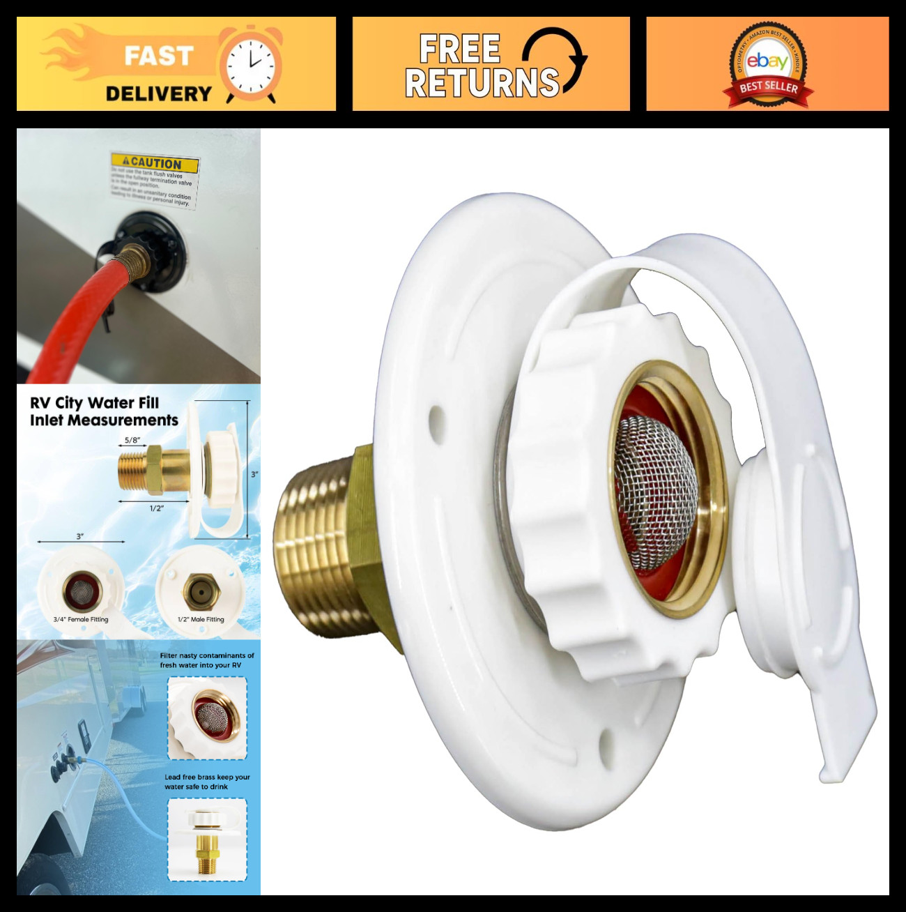 Brass RV Water Inlet Connection with Check Valve – 1/2″ NPT Male Flange for Camp