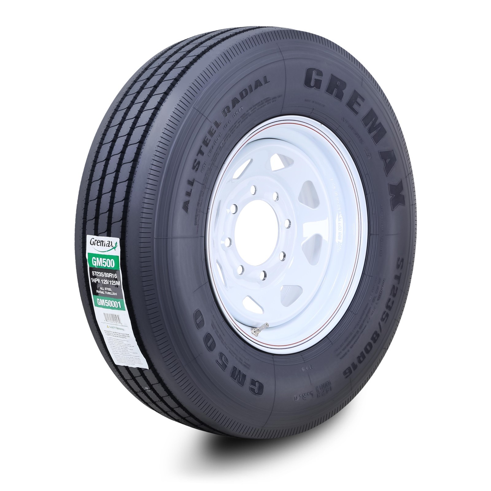 GREMAX All Steel Trailer Tire Rim ST235/80R16 14-Ply G 129M 8×6.5″ White Spoke