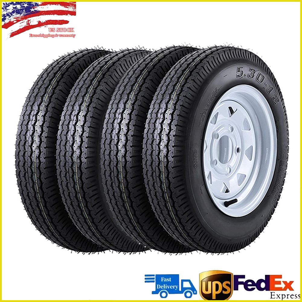 4 Pack 5.30-12 5.30×12 530-12 Trailer Tires 5 Lug with 12″ Rims,Load Range C,6PR