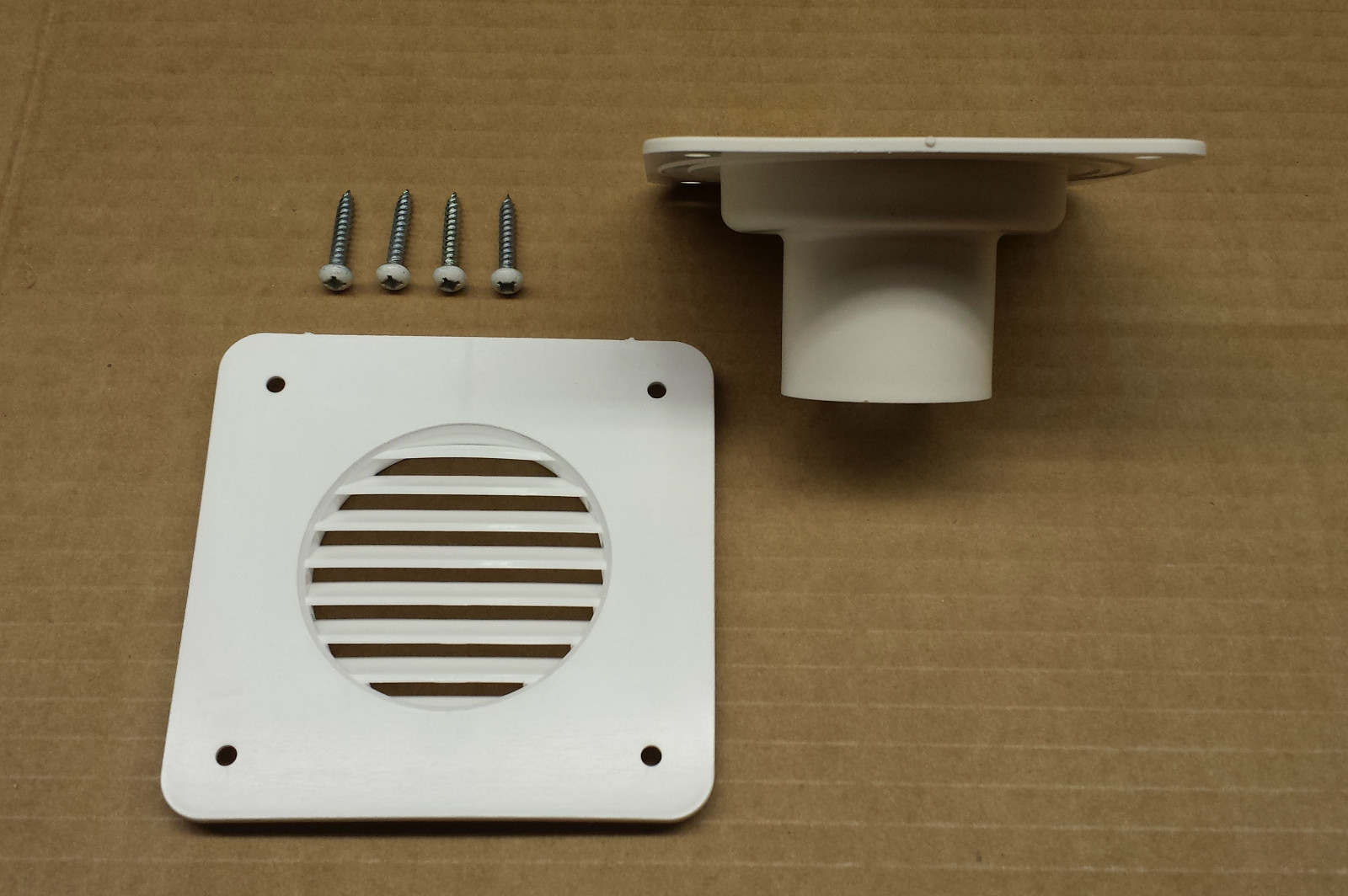 NEW – RV Camper Trailer-Battery Box Vent w/ Backing Plate For Hose, WHITE