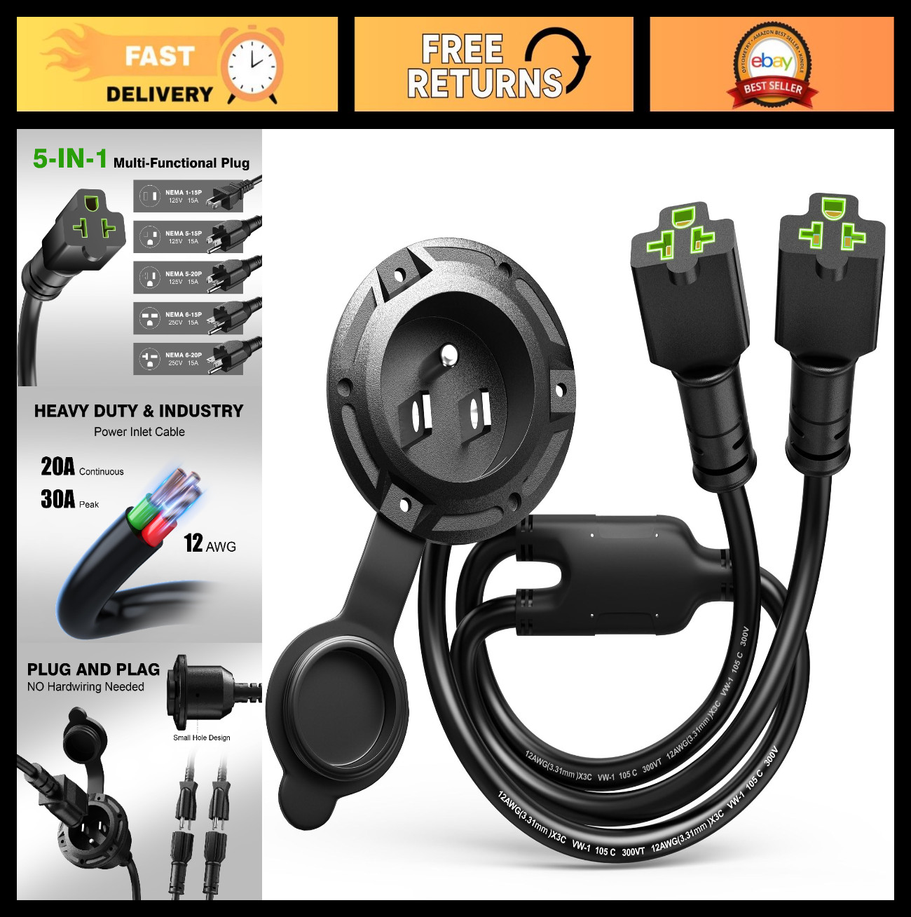 20A 125V Weatherproof RV Shore Inlet Plug with 20in 12AWG Power Cord