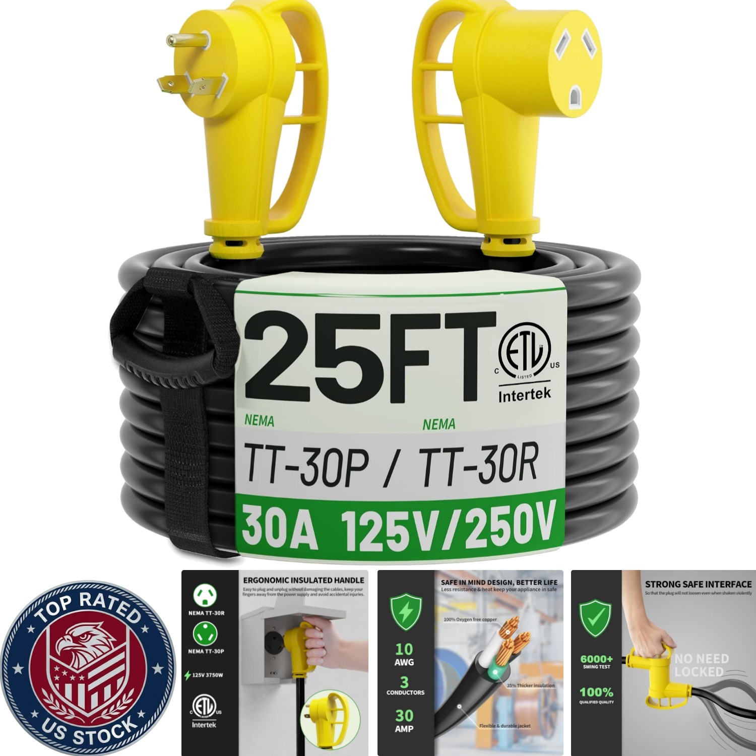 30 Amp RV Extension Cord 25 FT – Heavy Duty Waterproof Power with Grip Handle