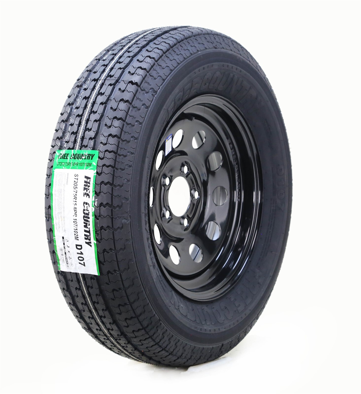 ST205/75R15 Free Country Trailer Tire Rims 8-Ply D 107M 5 Lug x 4.5″ Black Mod