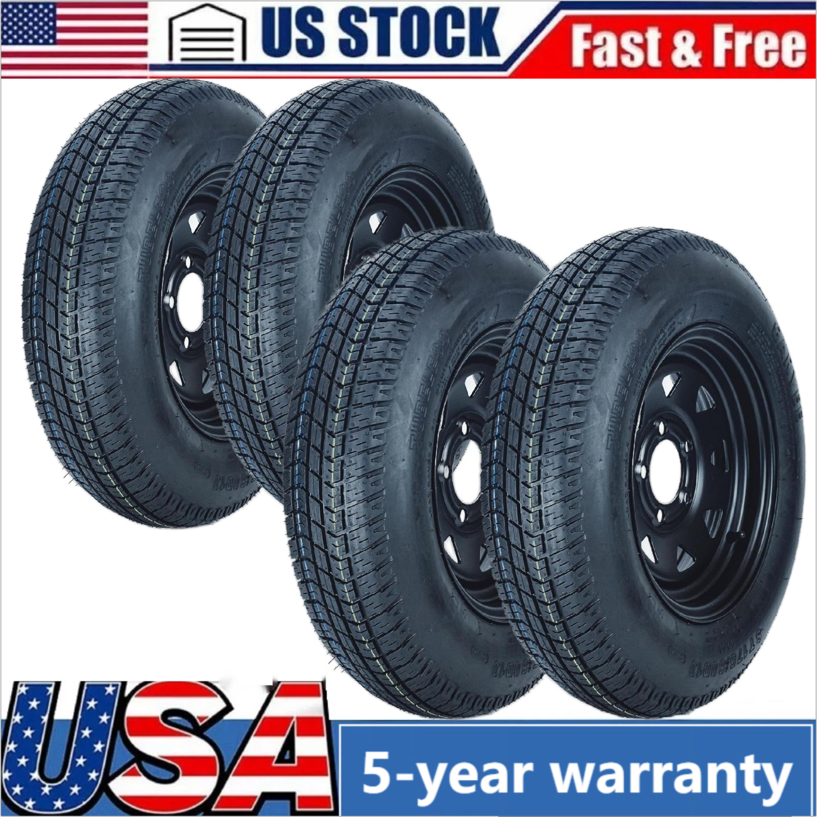4 Pack ST175/80D13 Trailer Tires and 13″ Rims Wheels 5 Lug on 4.5″ 6PR Black
