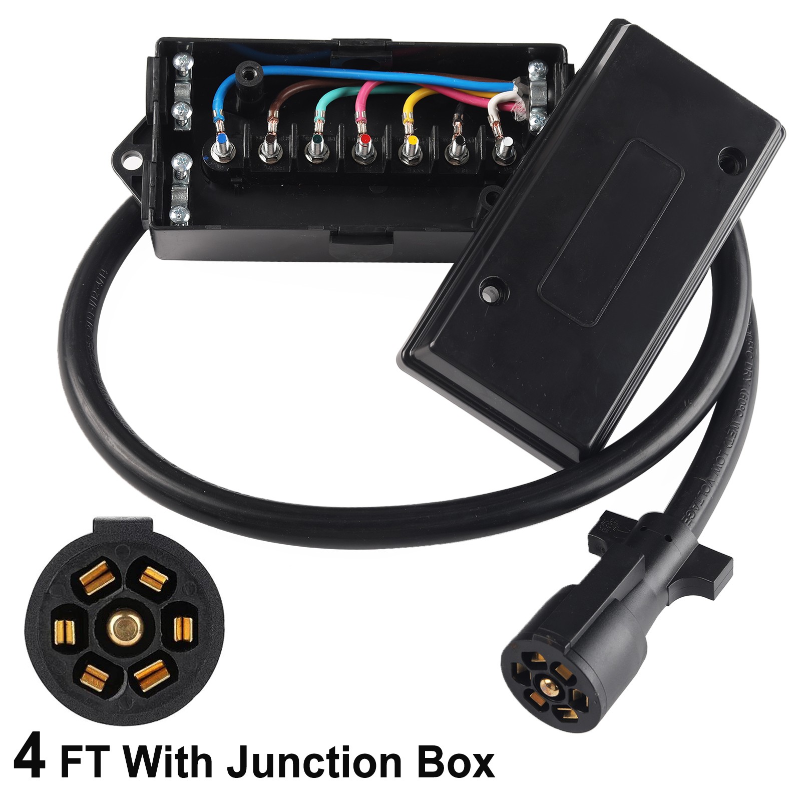 4ft 7 Way Plug Inline Pre-Wired Trailer Cord RV Junction Box-Inline Harness Kit