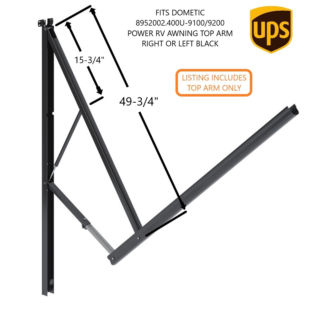 FITS DOMETIC 8952002.400U-9100/9200 POWER RV AWNING TOP ARM RIGHT OR LEFT BLACK