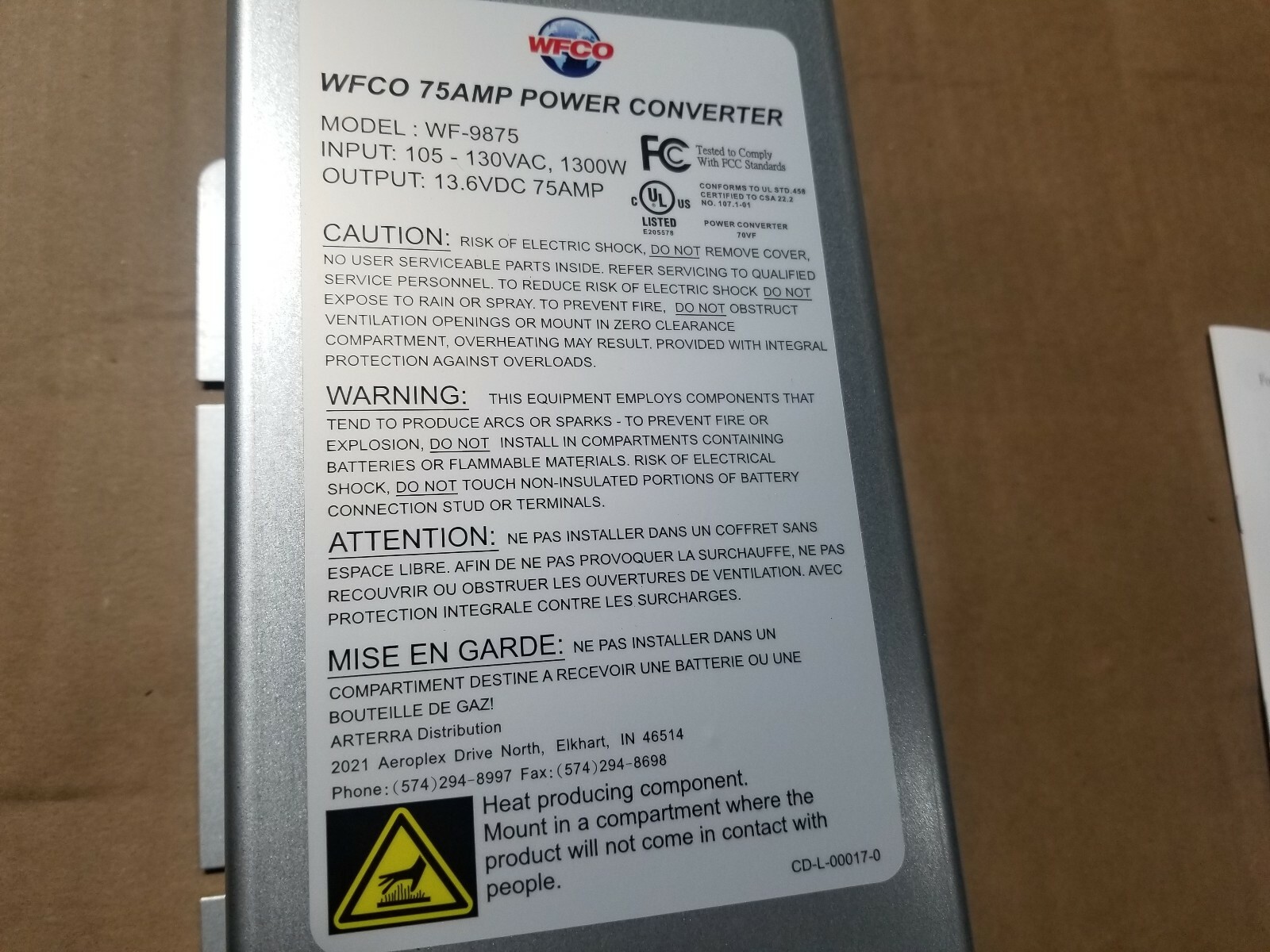 NEW WFCO 75 Amp Deck Mount Power Converter / Charger Corded RV Trailer Camper