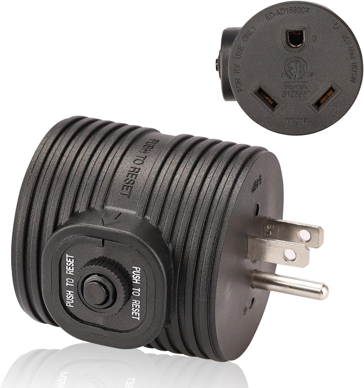 NEMA 5-15P to TT-30R RV Adapter Plug – 30A to 110V with Overload Protection