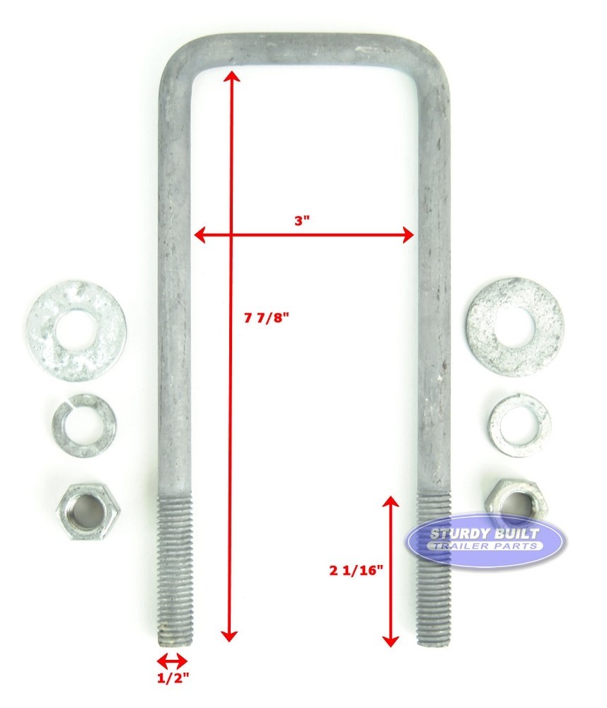 (1) Boat Trailer U-Bolt Galvanized Square 1/2 Inch x 3 Inch x 7 3/4 Inch