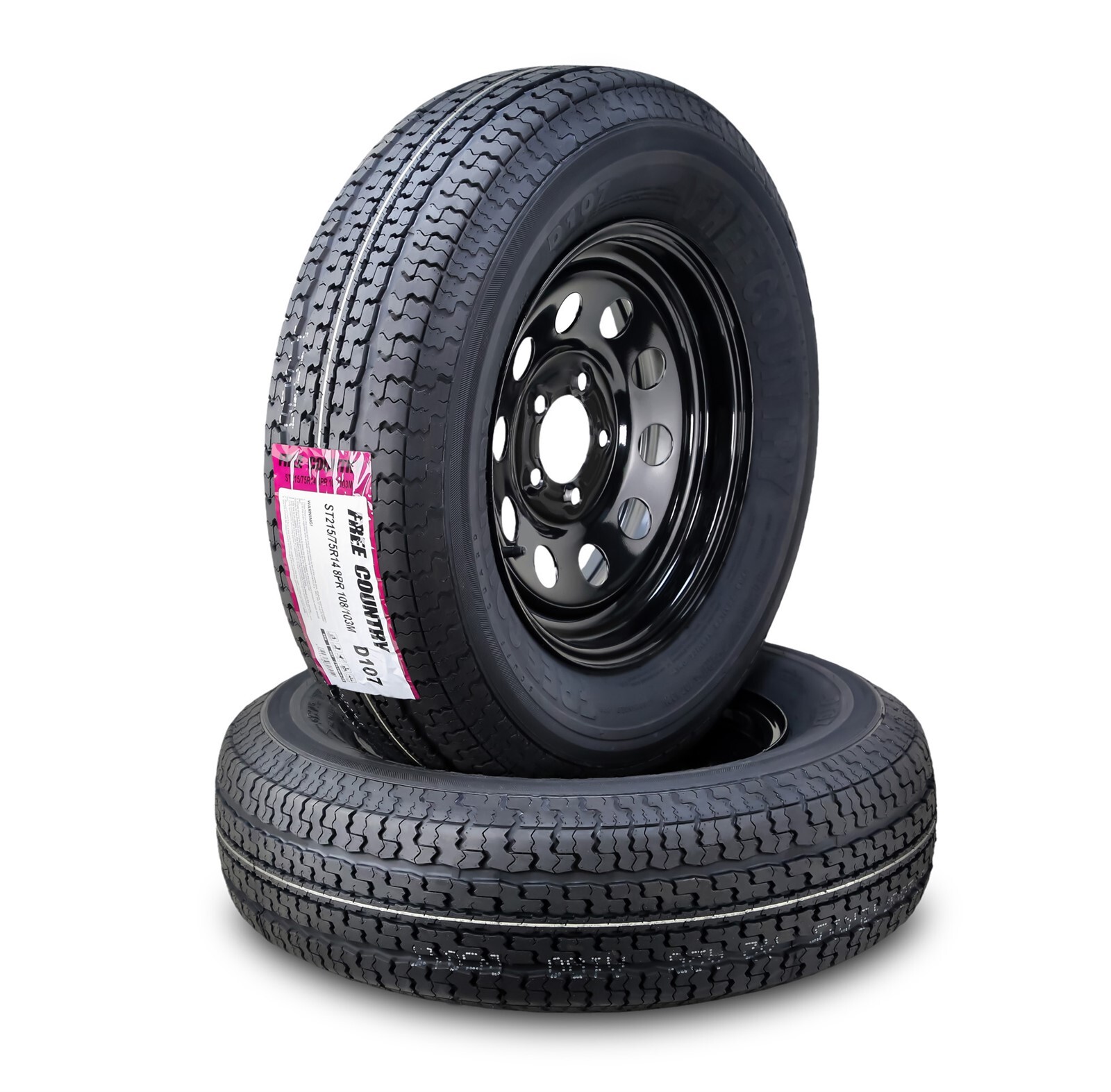 2 Free Country Trailer Tire Rim ST215/75R14 8-Ply D 107M 5 Lug x4.5″ Black Mod