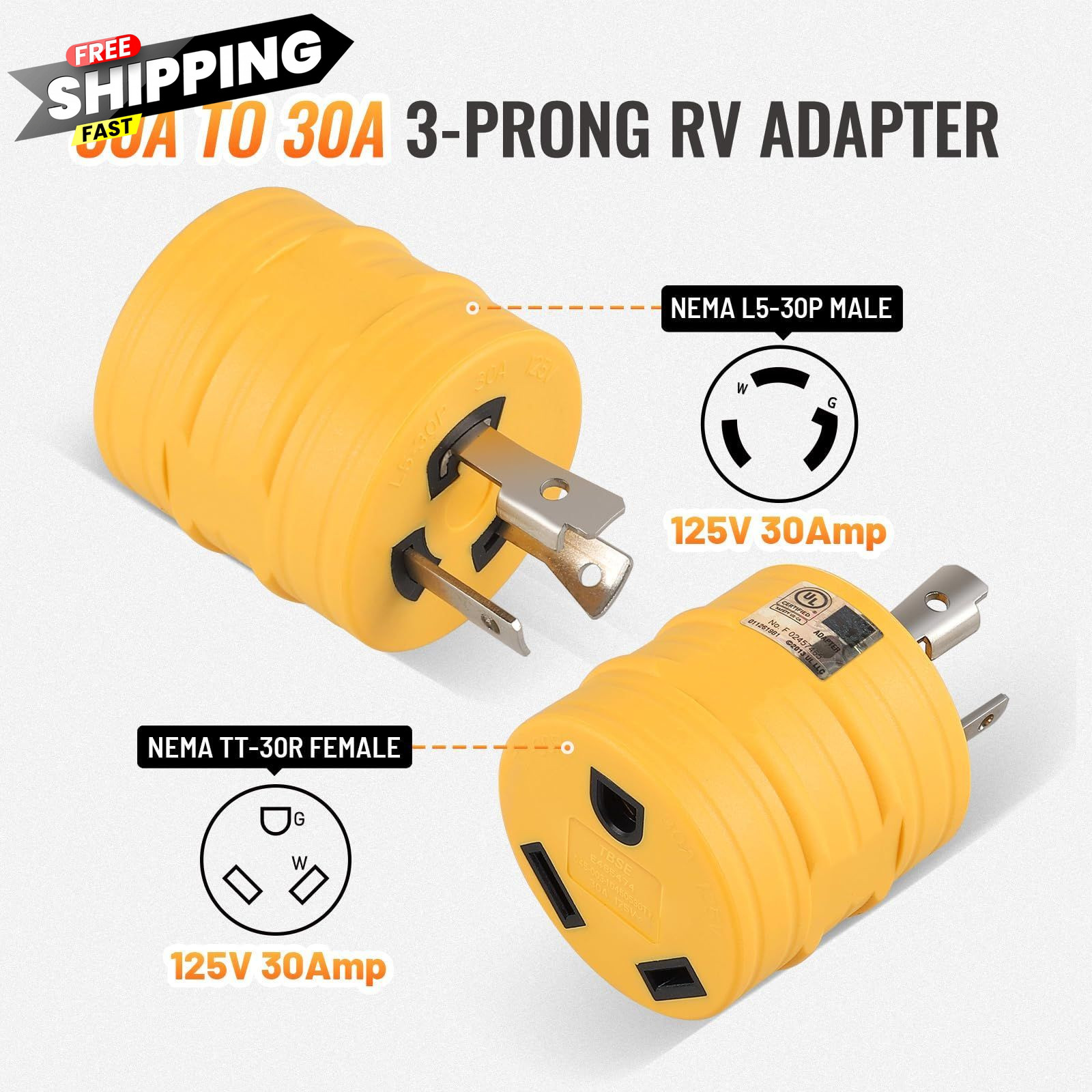 MECMO NEMA L5-30P to TT-30R 30 Amp RV Adapter UL Listed, Portable Yellow