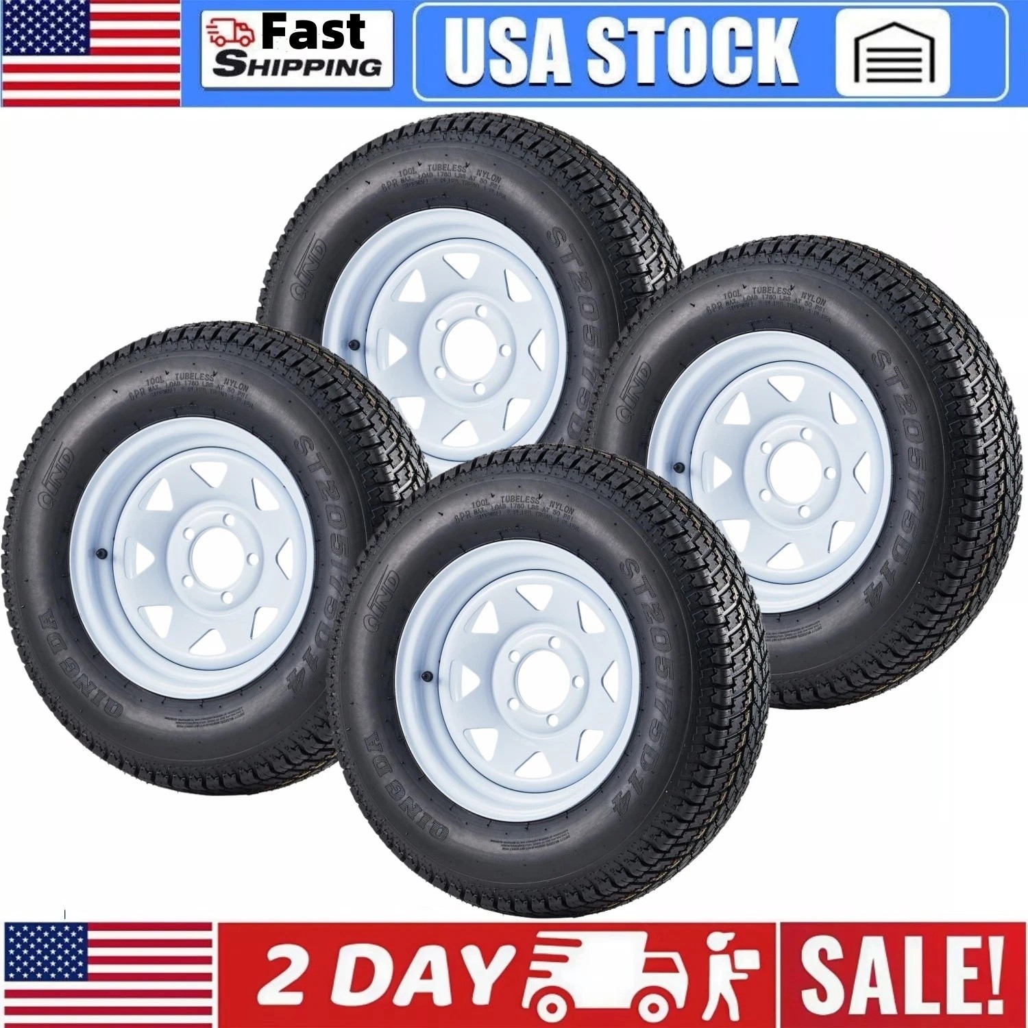 Set Of 4 ST205/75D14 205 75 14 Trailer Tires & Wheels 14″ Rims 5 Lug on 4.5″ 6PR