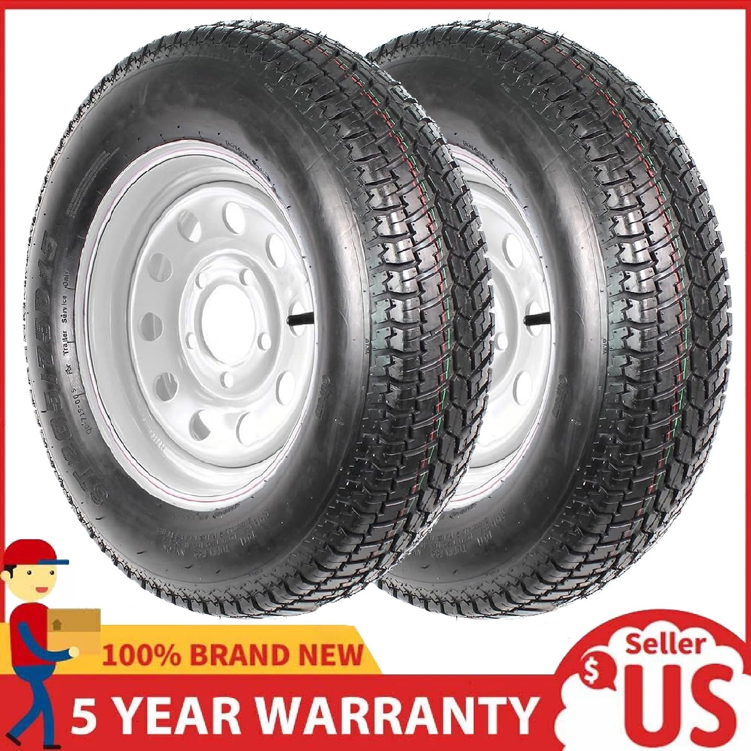 2 Pack Trailer Tires Rims ST205/75D15 ,Load Range C 5 Lug 15″ White Wheel, 6PR