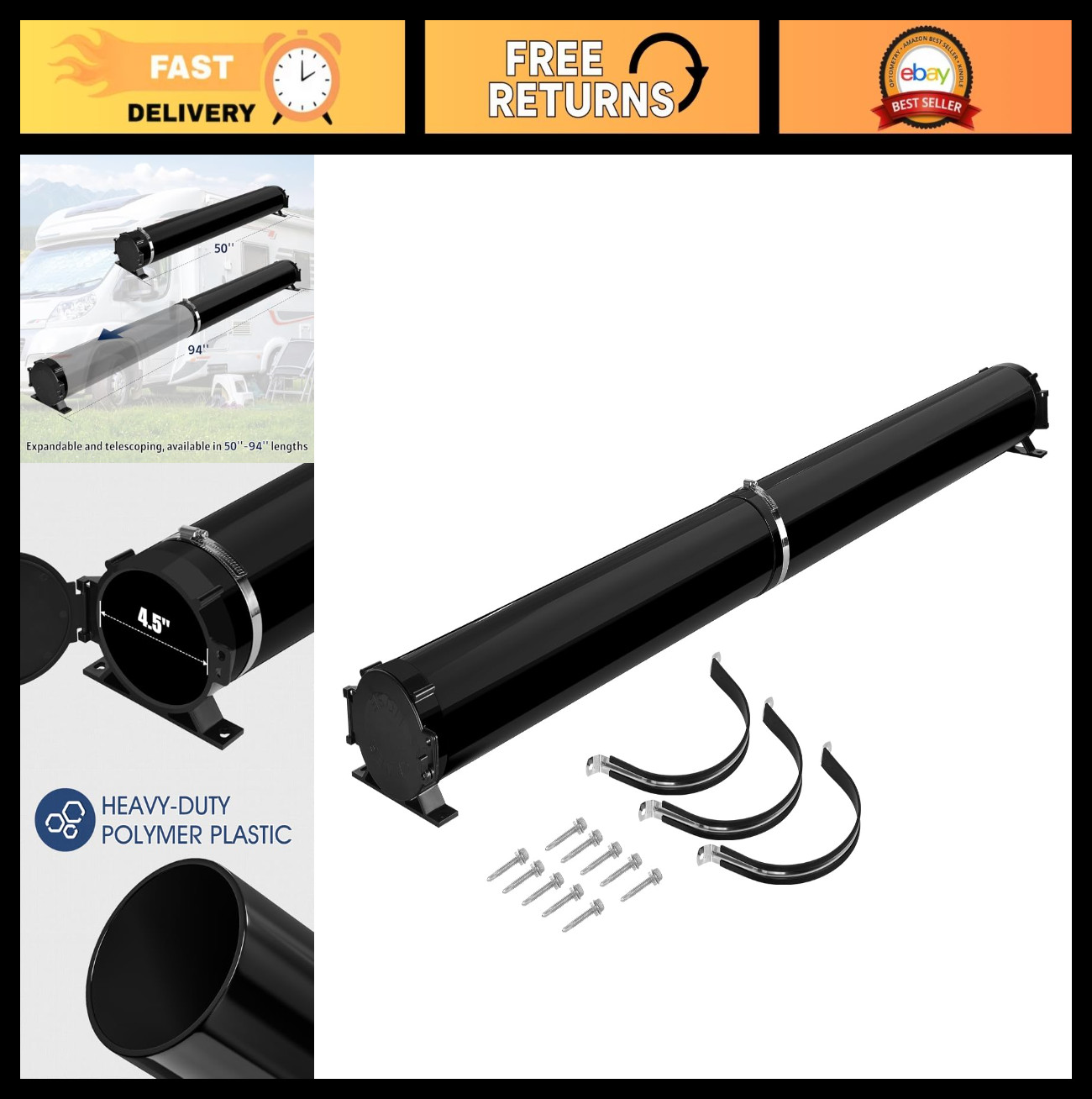 Adjustable RV Hose Carrier with Door Cap & Mounting Screws, 50”-94”, Black