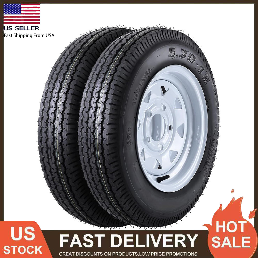 Set of 2 5.30-12 Trailer Tires w/ Rims 5.30×12 5.3-12 530-12, 5 Lug on 4.5″, 6PR