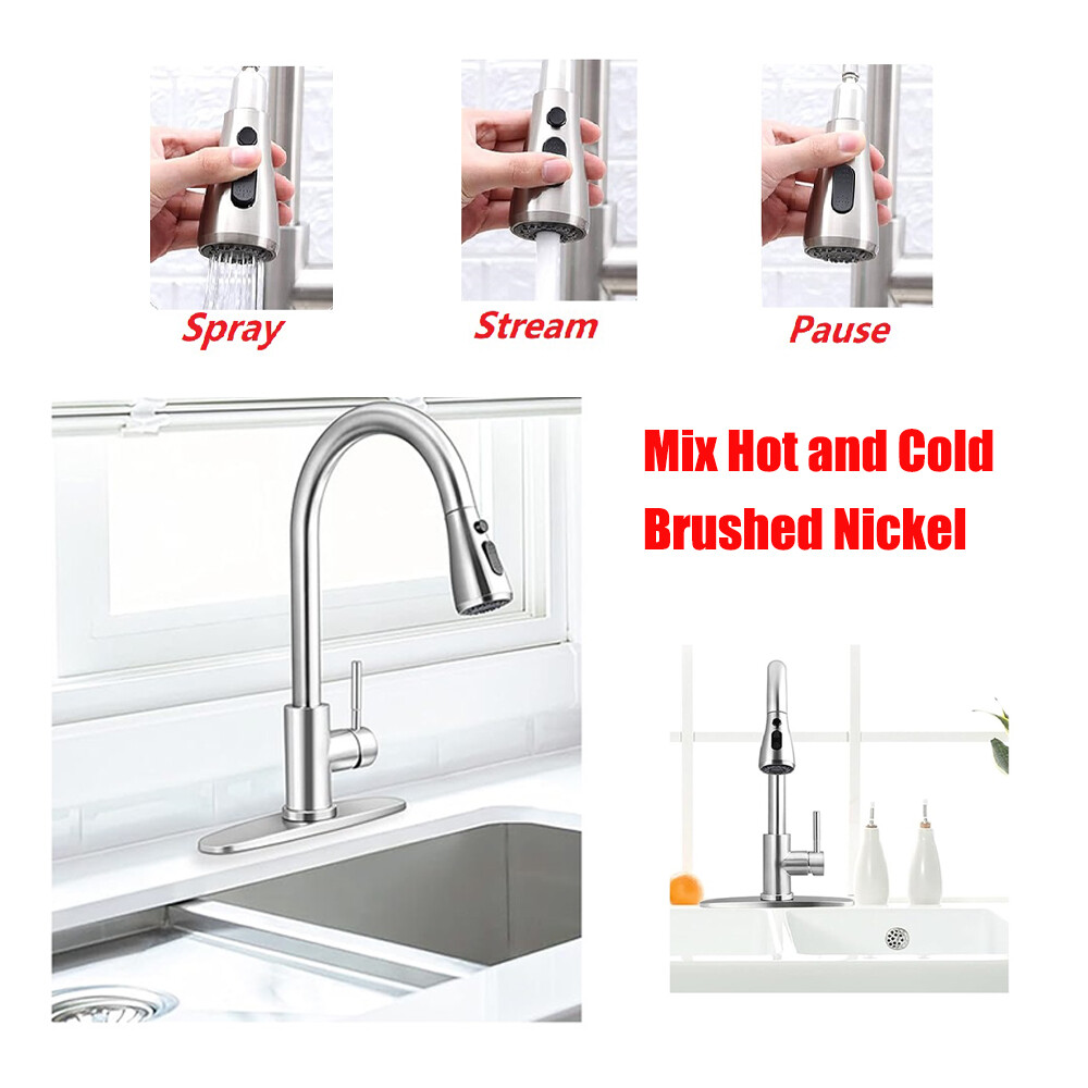 Brushed Nickel Single Handle RV Sink Faucet + Plate Sprayer Swivel Mixer Tap