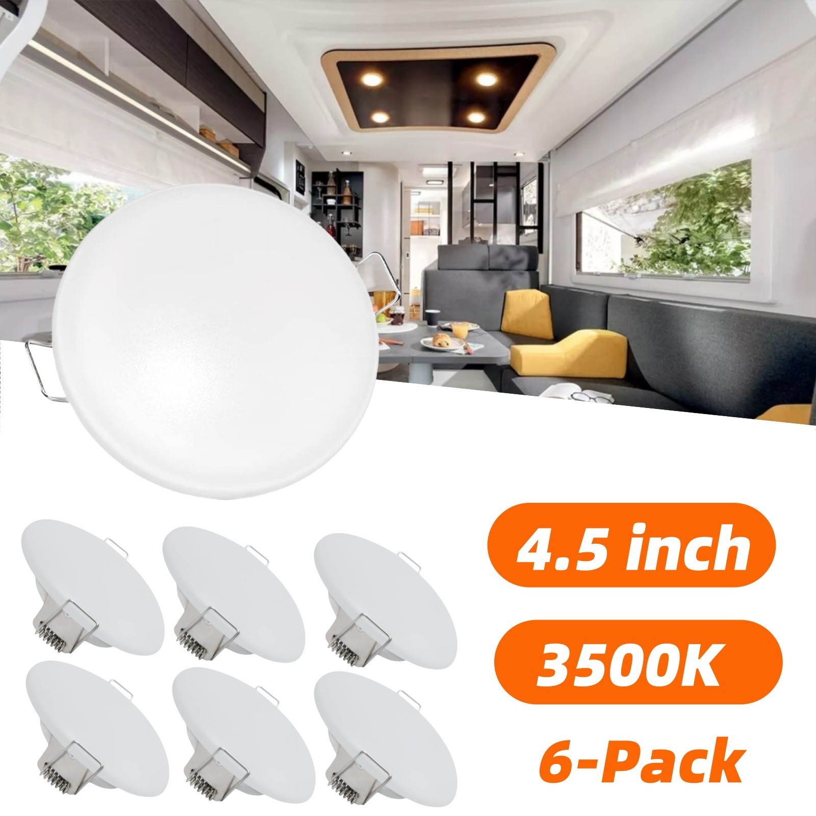 6PCS 12V 4.5″ LED Recessed Ceiling Light 3500K RV Camper Under Cabinet Dimmable
