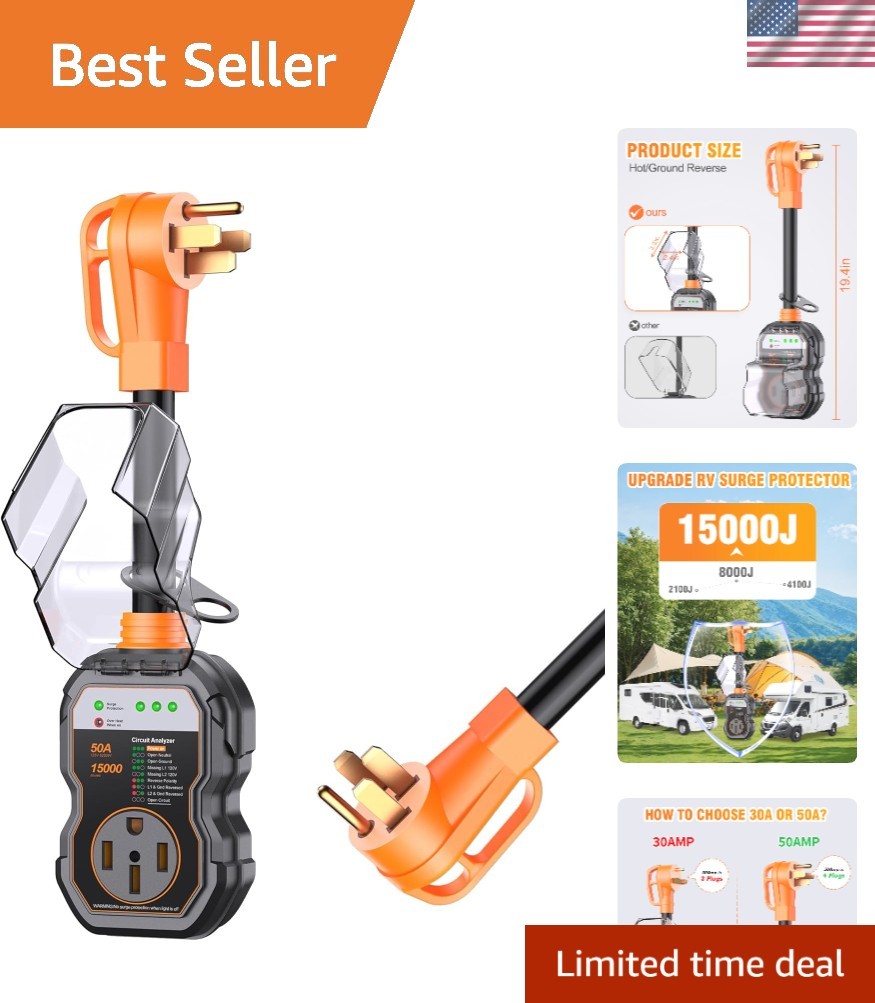 Compact and Lightweight 50 Amp RV Surge Protector – 15000 Joules Power Defense