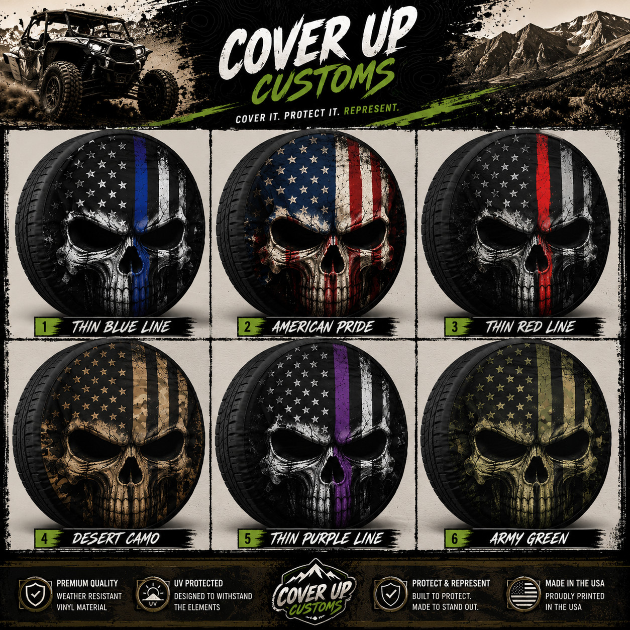 Custom Spare Tire Cover RV Trailer Camper SUV Jeep Fits 14 15 16 17 inch rims