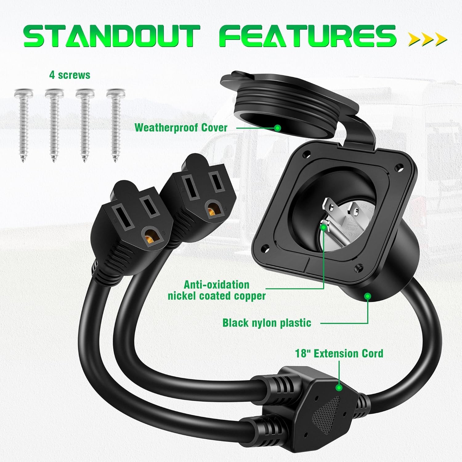 15A AC Port Plug 125V Shore Power Inlet with Dual 18″ Cord for Boat Marine RV