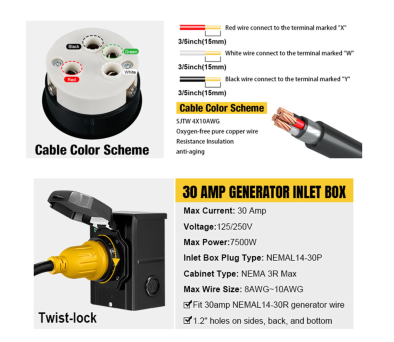 50 Foot Heavy Duty 30A Extension Cord with Inlet Box ETL L14-30P L14-30R