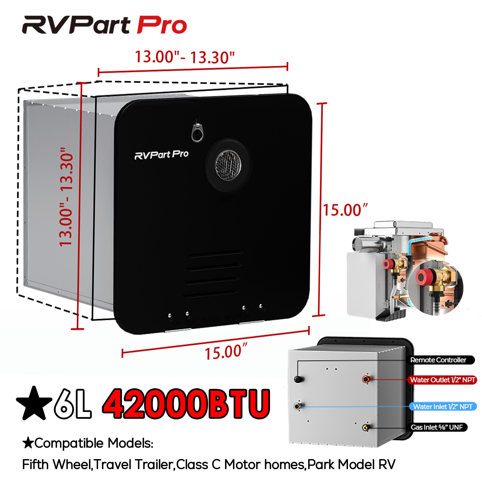 42000BTU RV Tankless Water Heater Propane with 15x15inches Black Door ‎DC 12V